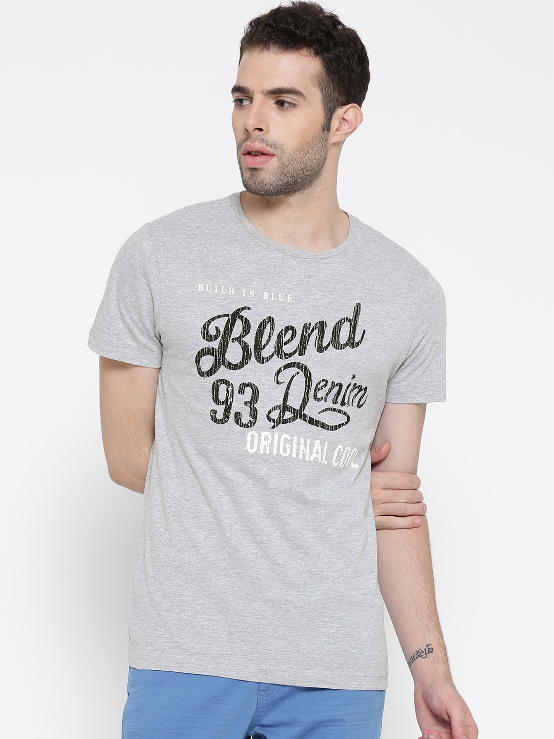 

BLEND Men Grey Melange Printed Slim Fit Round Neck Pure Cotton T-shirt