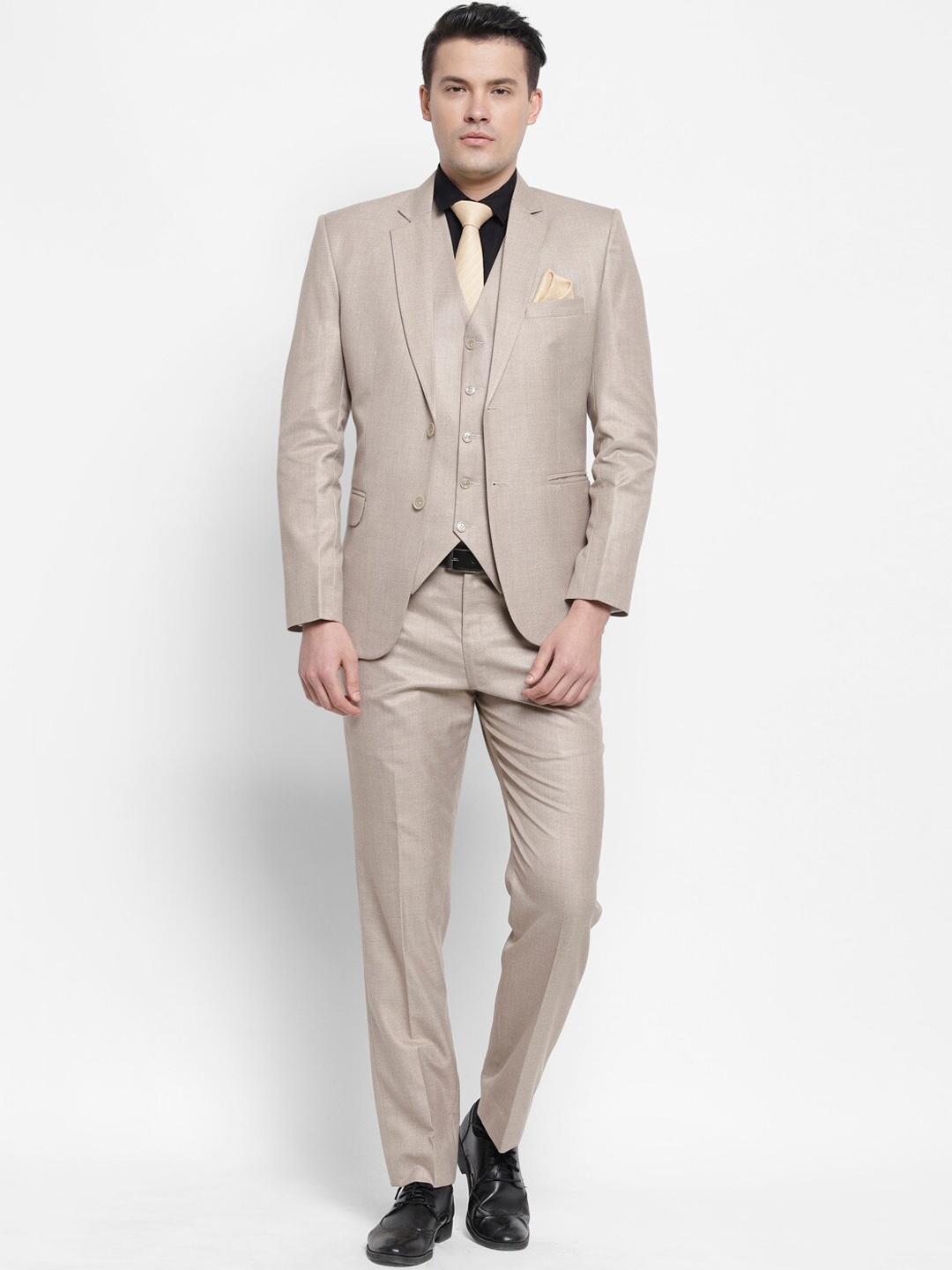 

LUXURAZI Men Beige Solid Single-Breasted Slim-Fit 3-Piece Formal Suit