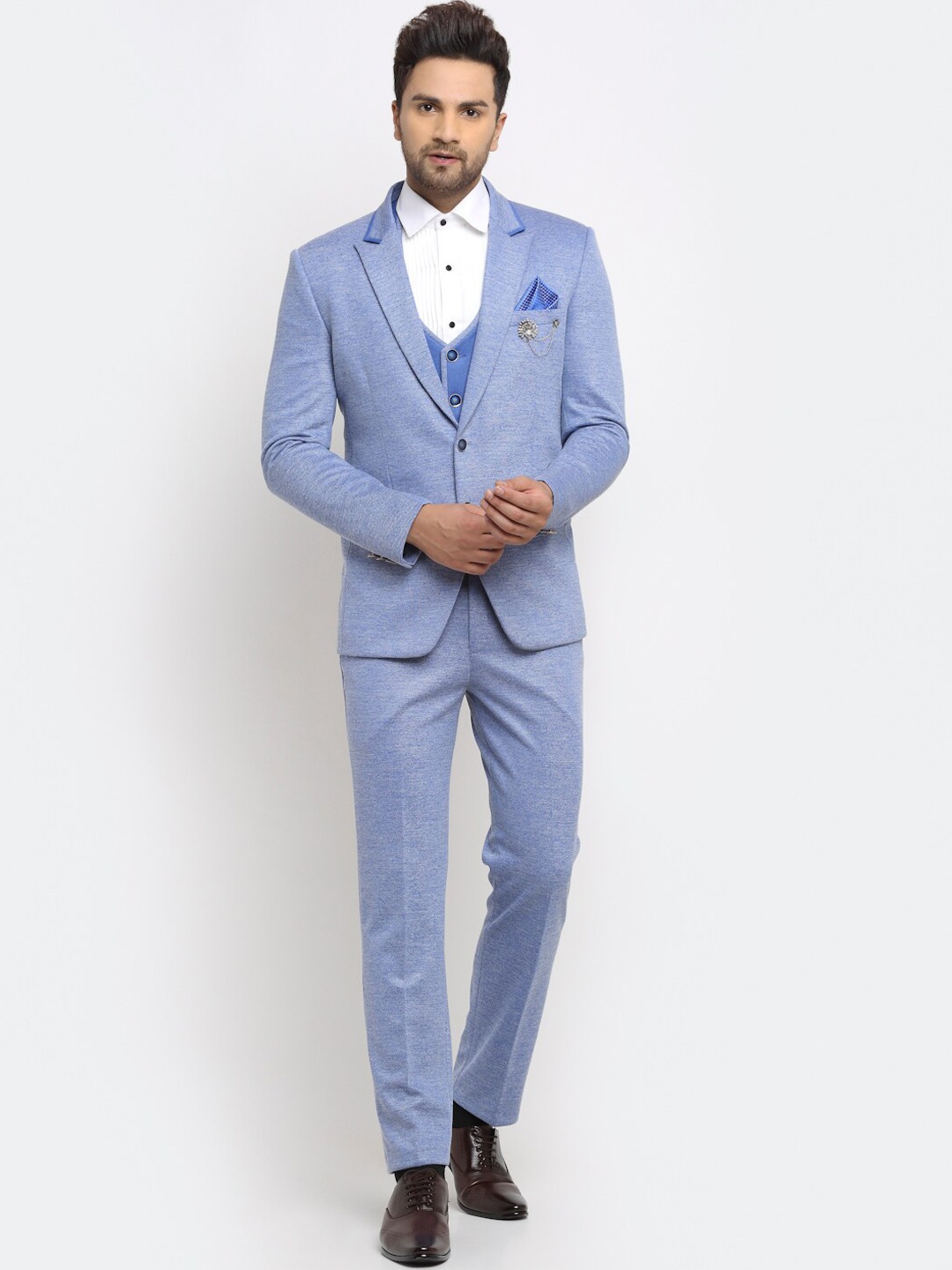 

LUXURAZI Men Blue Solid Single-Breasted Slim Fit 3 Piece Formal Suit