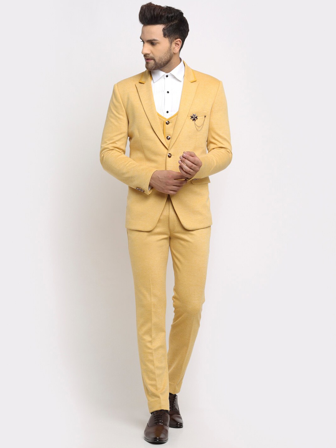

LUXURAZI Men Mustard Yellow Solid Slim-Fit Single-Breasted Three-Piece Formal Suit