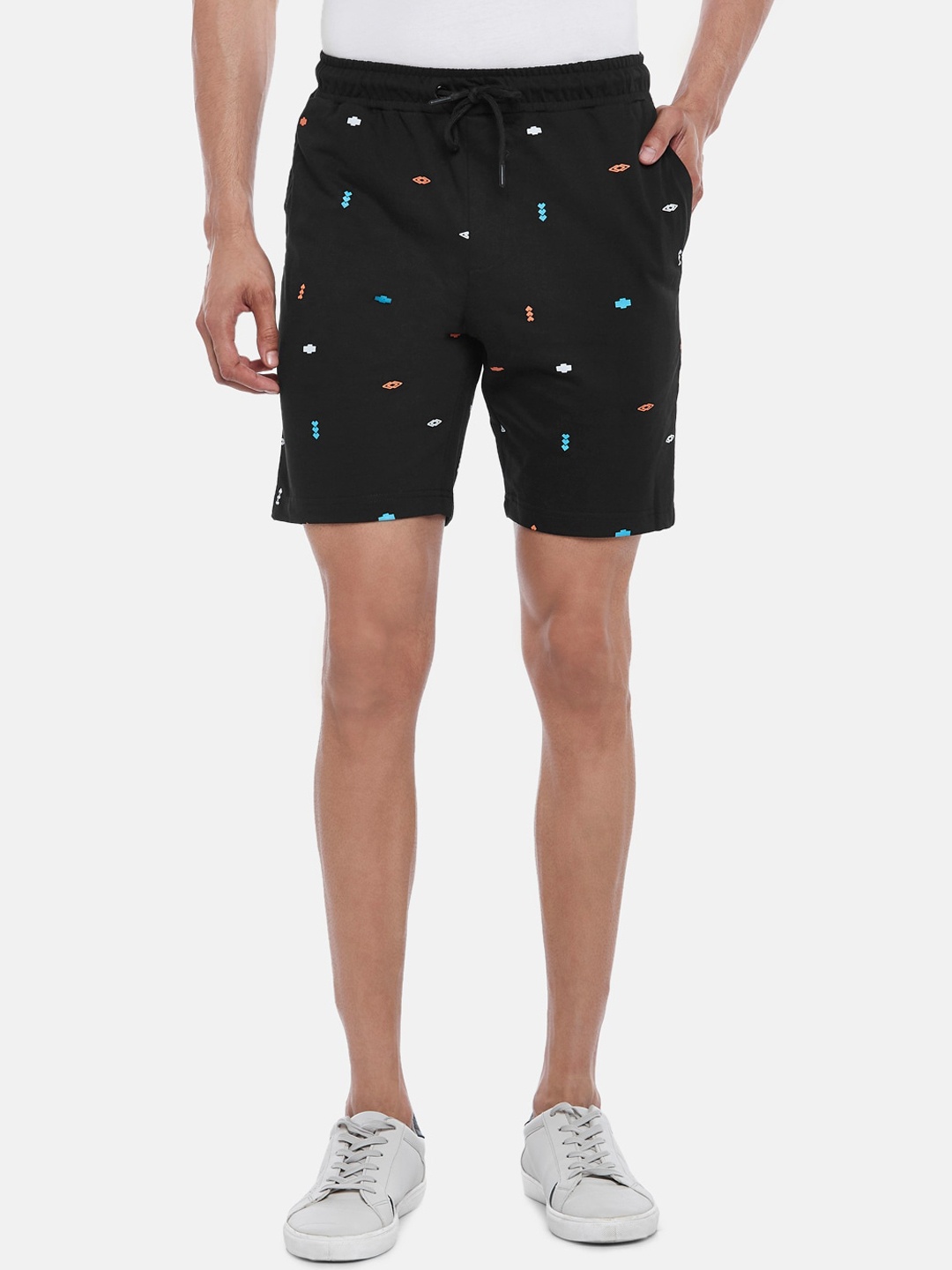 

Urban Ranger by pantaloons Men Black Geometric Printed Pure Cotton Slim Fit Shorts