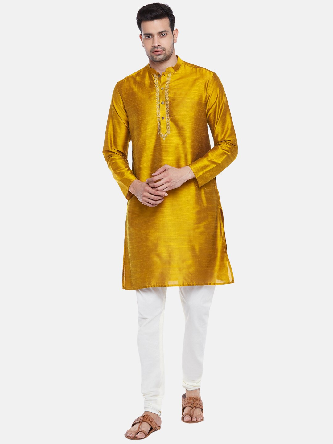 

indus route by Pantaloons Men Mustard Yellow Thread Work Straight Kurta