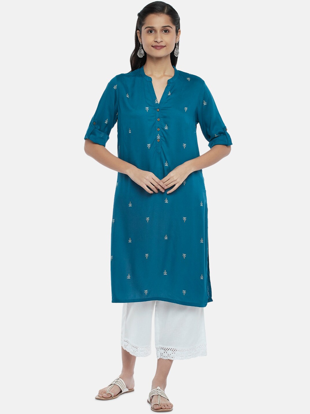 

RANGMANCH BY PANTALOONS Women Teal Geometric Printed Straight Kurta