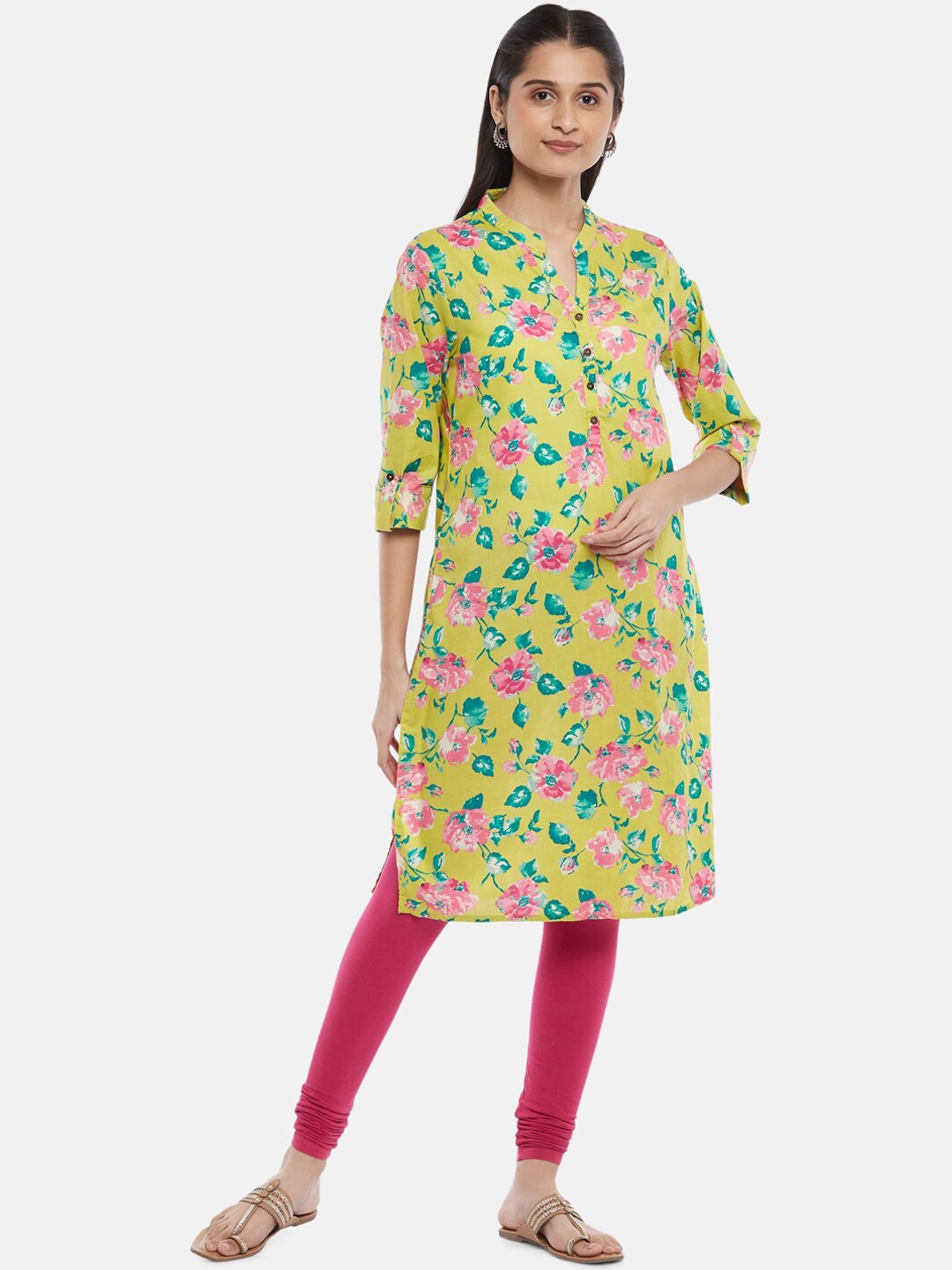 

RANGMANCH BY PANTALOONS Women Lime Green Floral Printed Pure Cotton Kurta