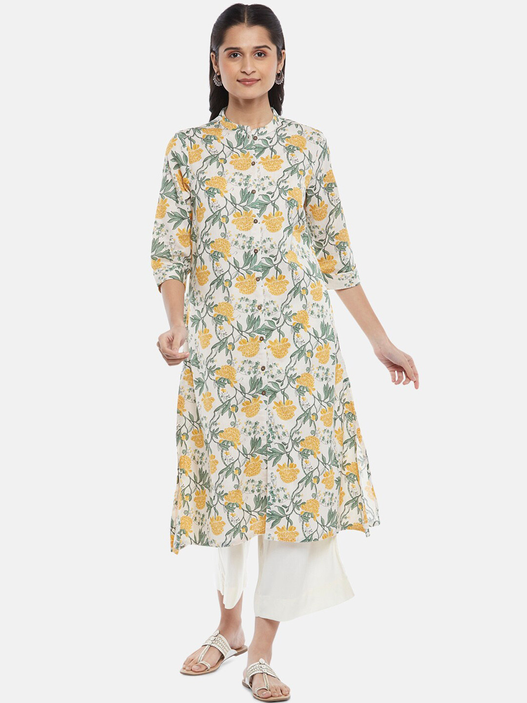 

RANGMANCH BY PANTALOONS Women Off White & Yellow Pure Cotton Floral Printed Kurta