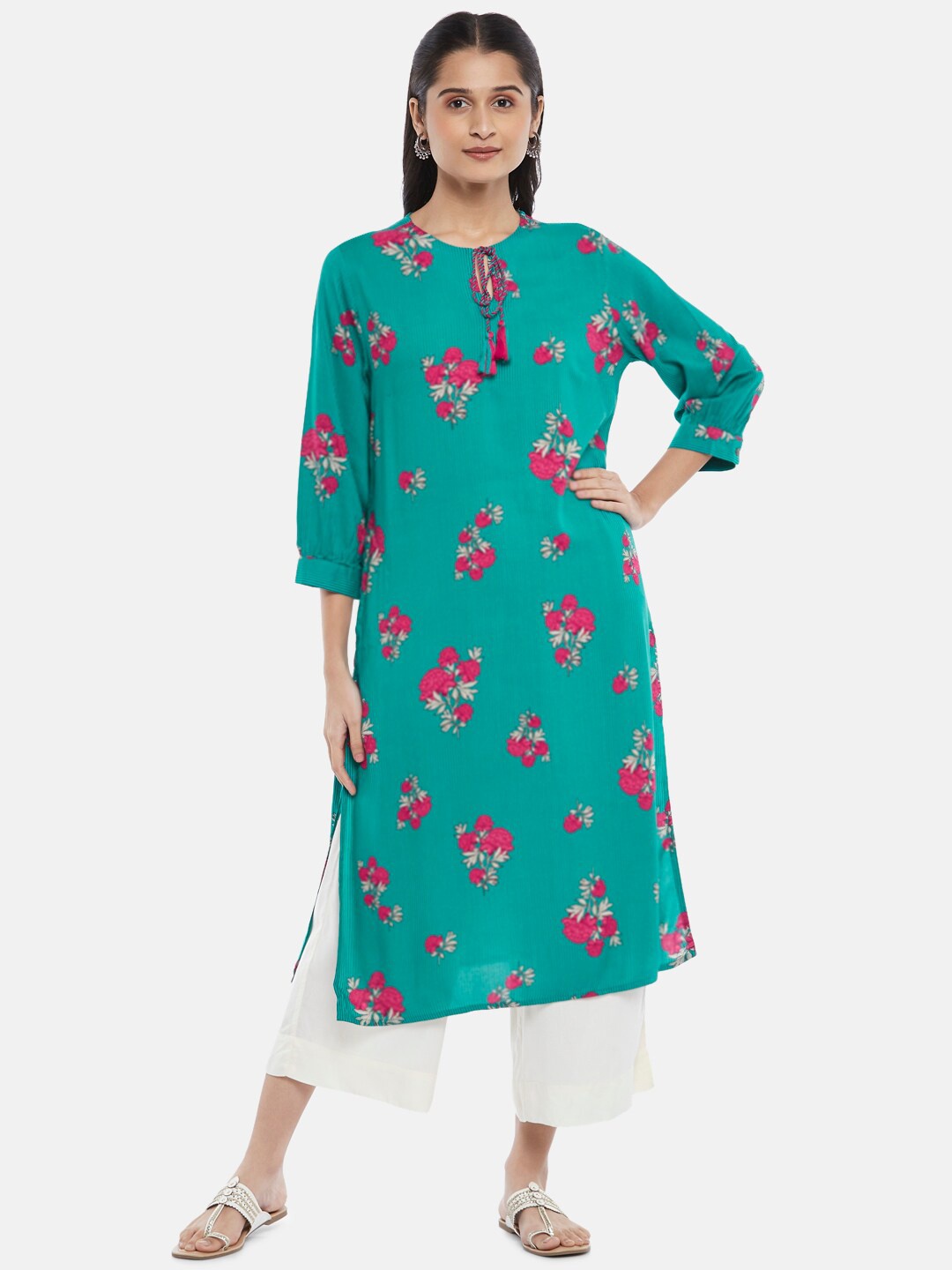 

RANGMANCH BY PANTALOONS Women Green & Fuchsia Pink Floral Printed Cotton Kurta