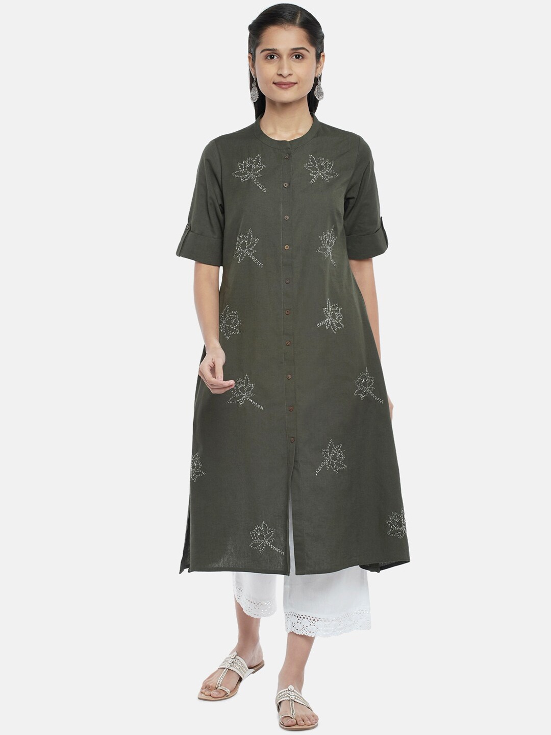 

RANGMANCH BY PANTALOONS Women Olive Green Floral Embroidered Thread Pure Cotton Work Kurta