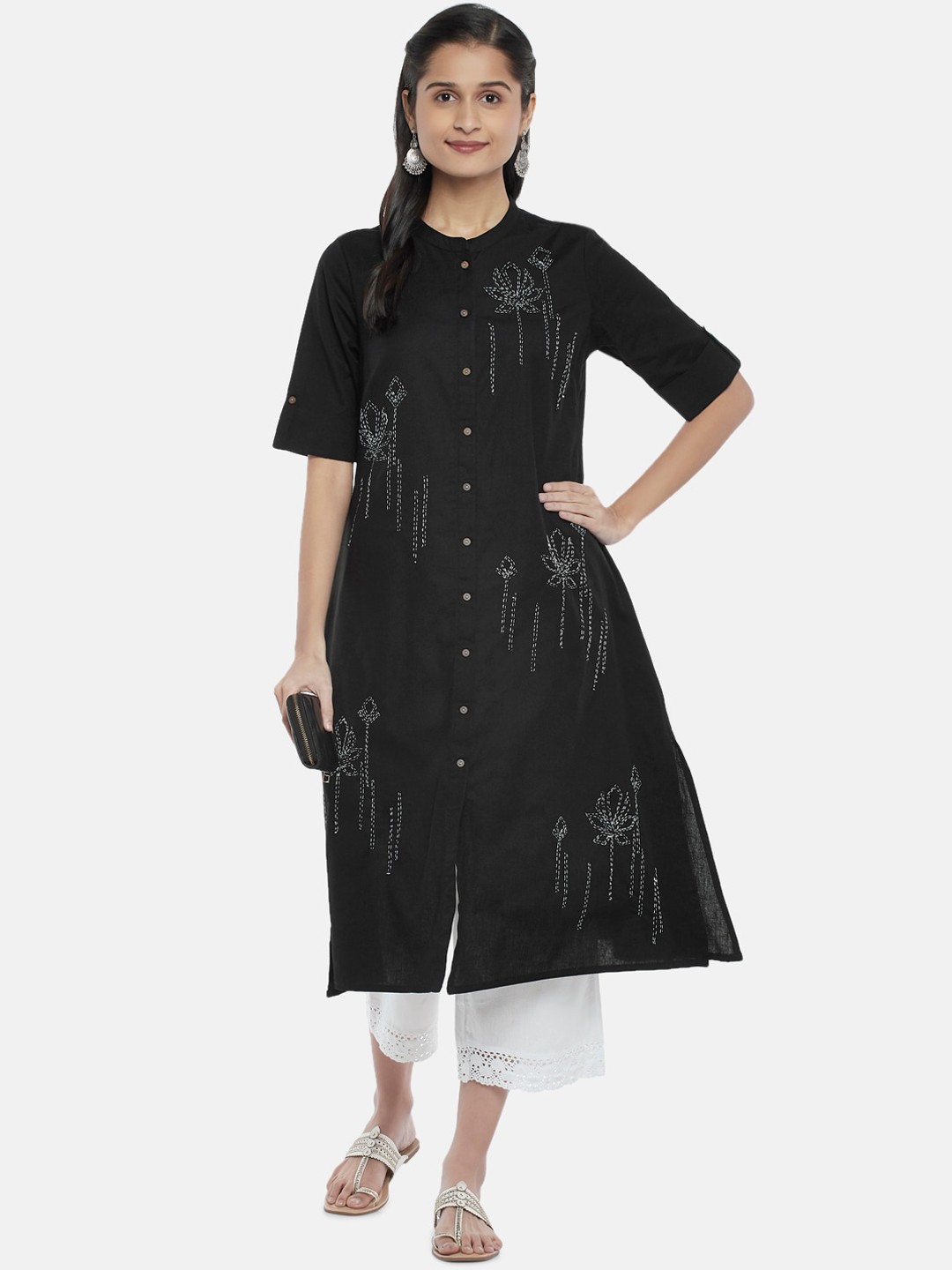 

RANGMANCH BY PANTALOONS Women Black & White Floral Embroidered Pure Cotton Kurta