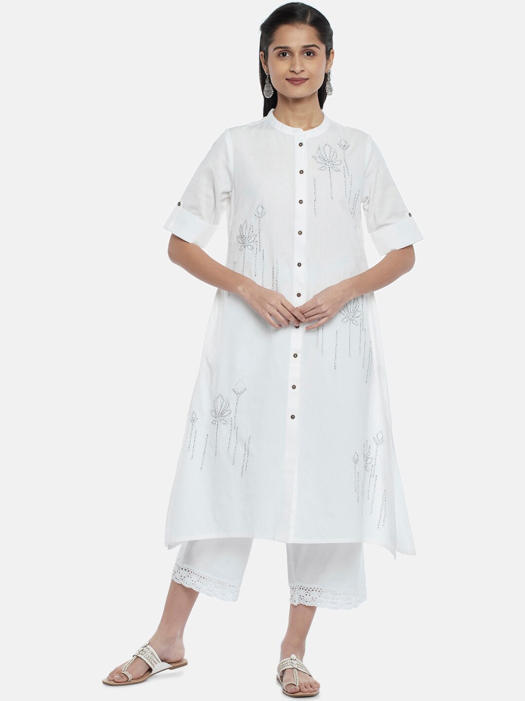 

RANGMANCH BY PANTALOONS Women Off White Floral Printed Pure Cotton Kurta