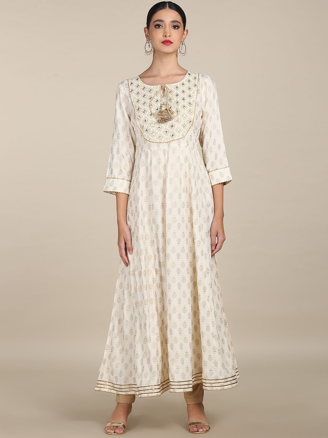 

Anahi Women White Ethnic Motifs Keyhole Neck Mirror Work Anarkali Kurta