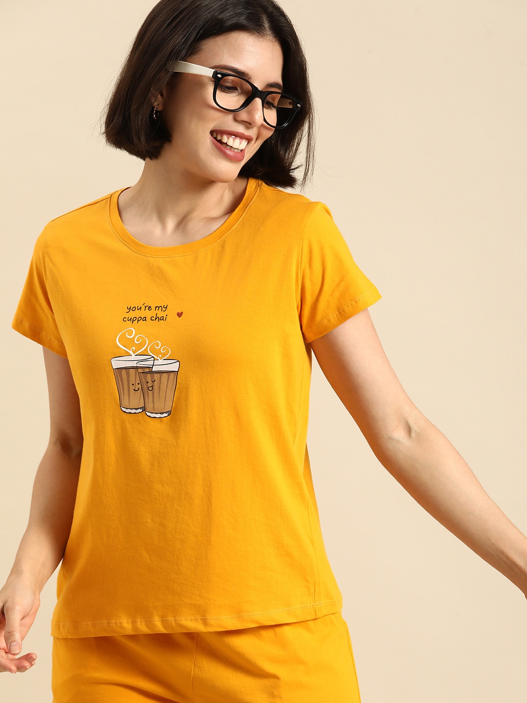 

Dreamz by Pantaloons Women Mustard & Brown Printed Pure Cotton Night suit