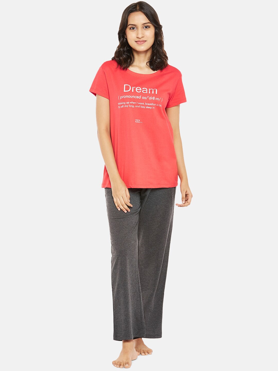 

Dreamz by Pantaloons Women Red & Charcoal Printed Pure Cotton Night suit