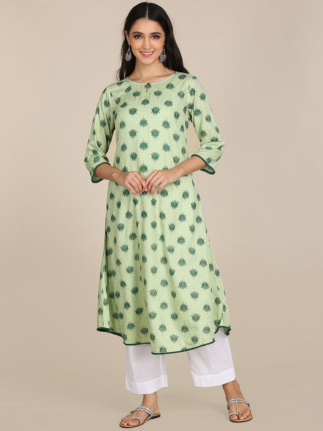 

Karigari Women Mint Green Ethnic Motifs Printed Keyhole Neck Cotton Kurta