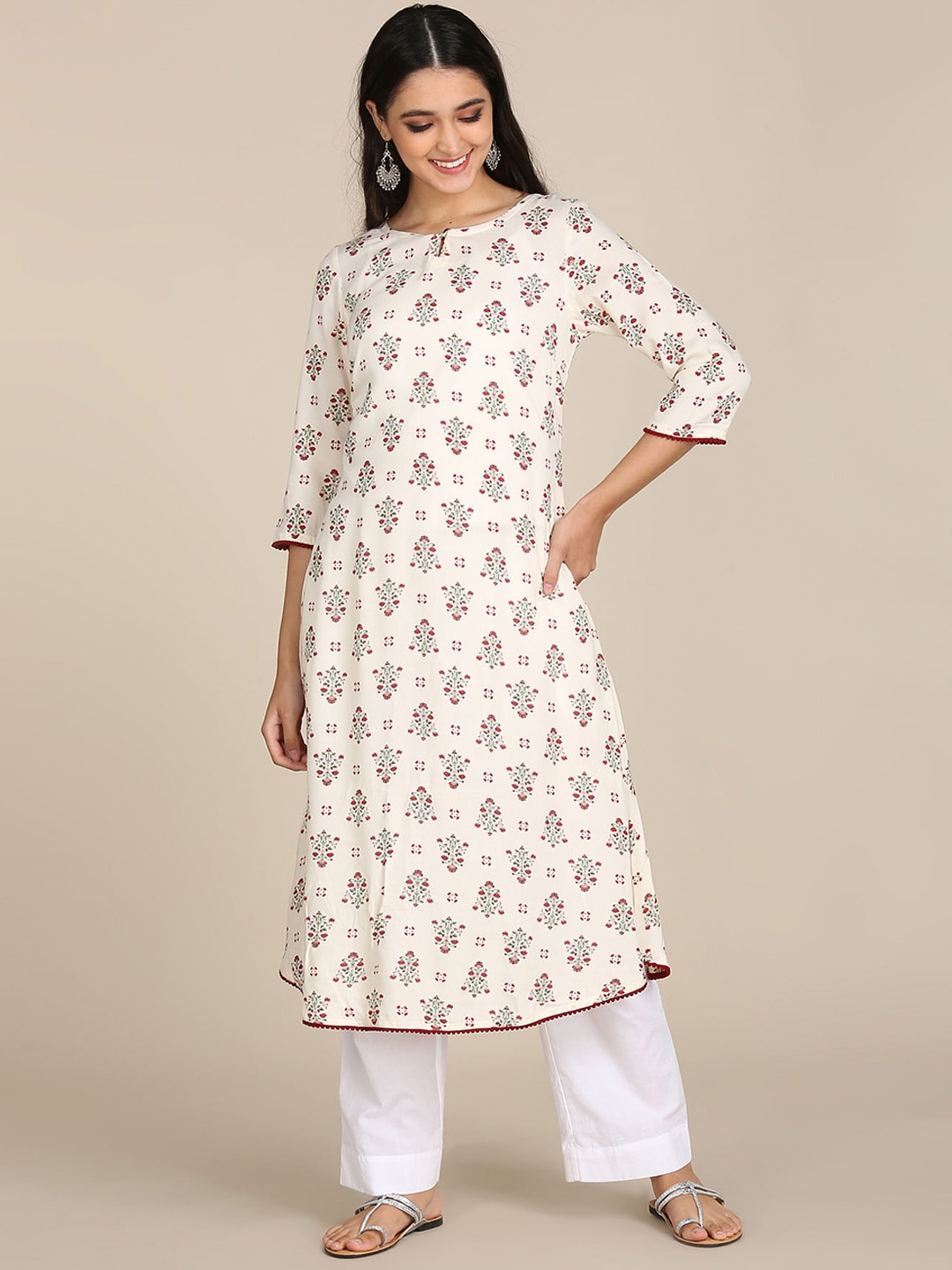 

Karigari Women Cream-Coloured & Red Floral Printed Keyhole Neck Kurta