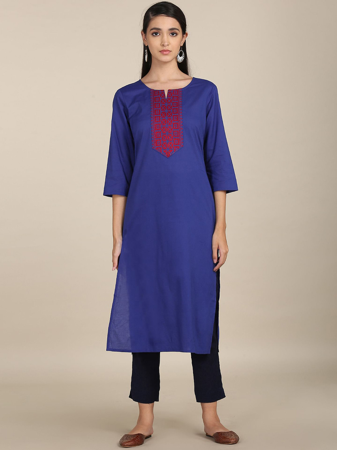 

Karigari Women Blue & Red Embroidered Yoke Design A-line Kurta
