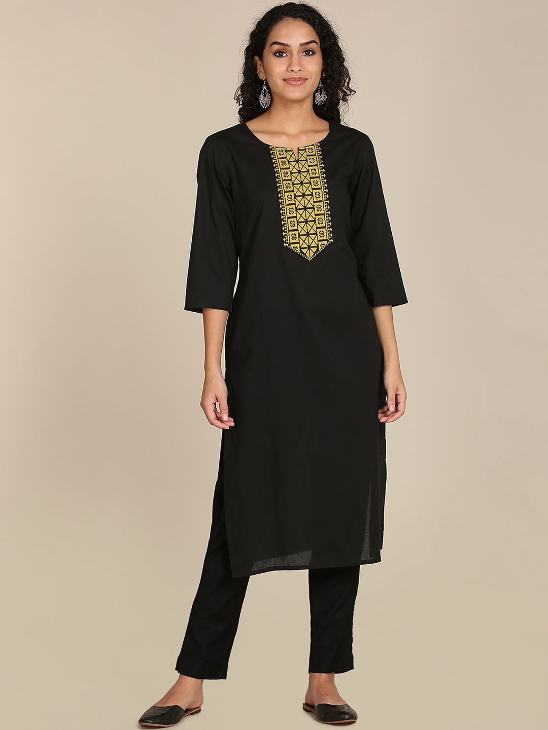 

Karigari Women Black Yoke Design Regular Sleeves Mirror Work Kurta