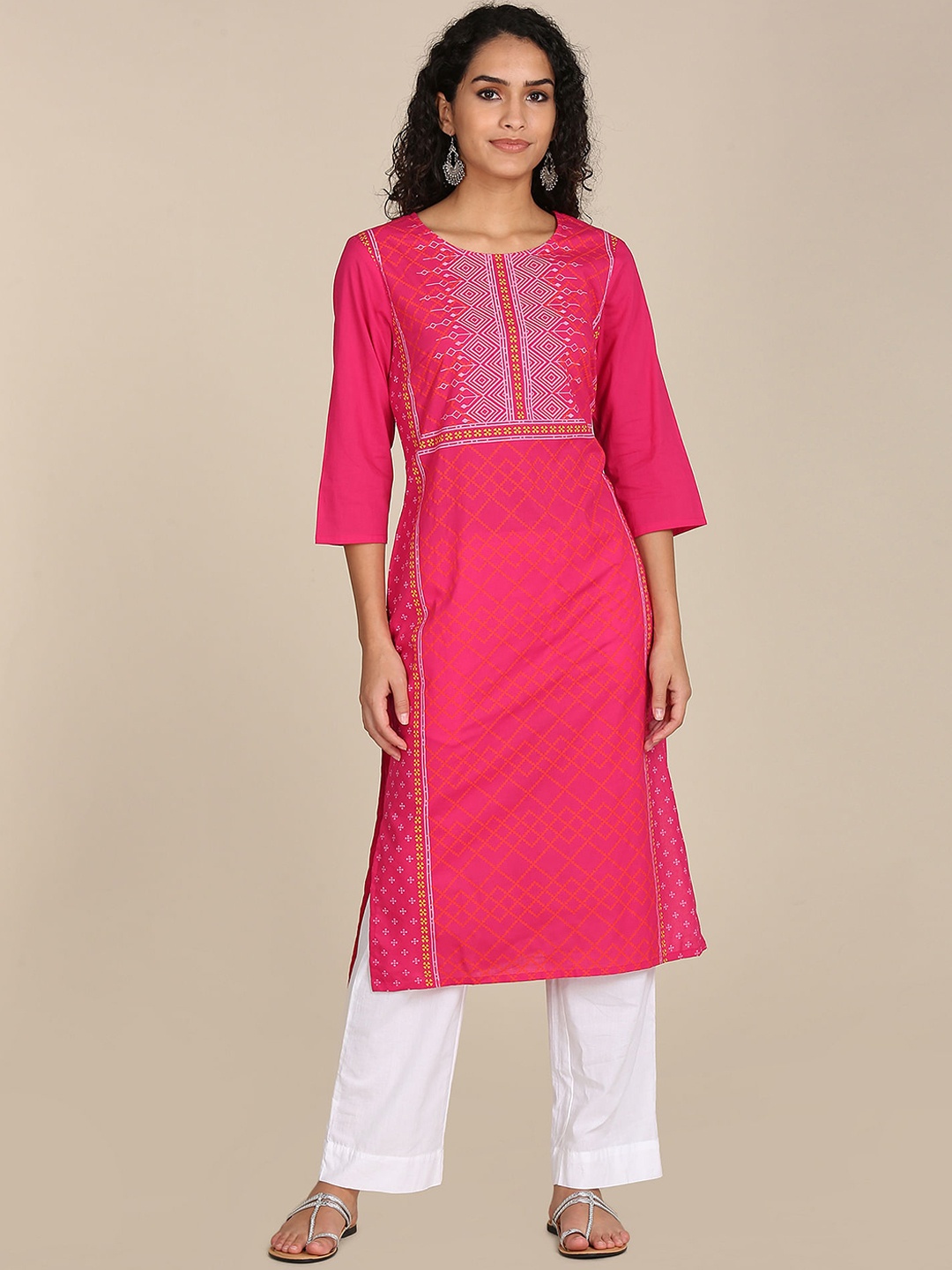 

Karigari Women Fuchsia Cotton Printed Yoke Design Straight Kurta