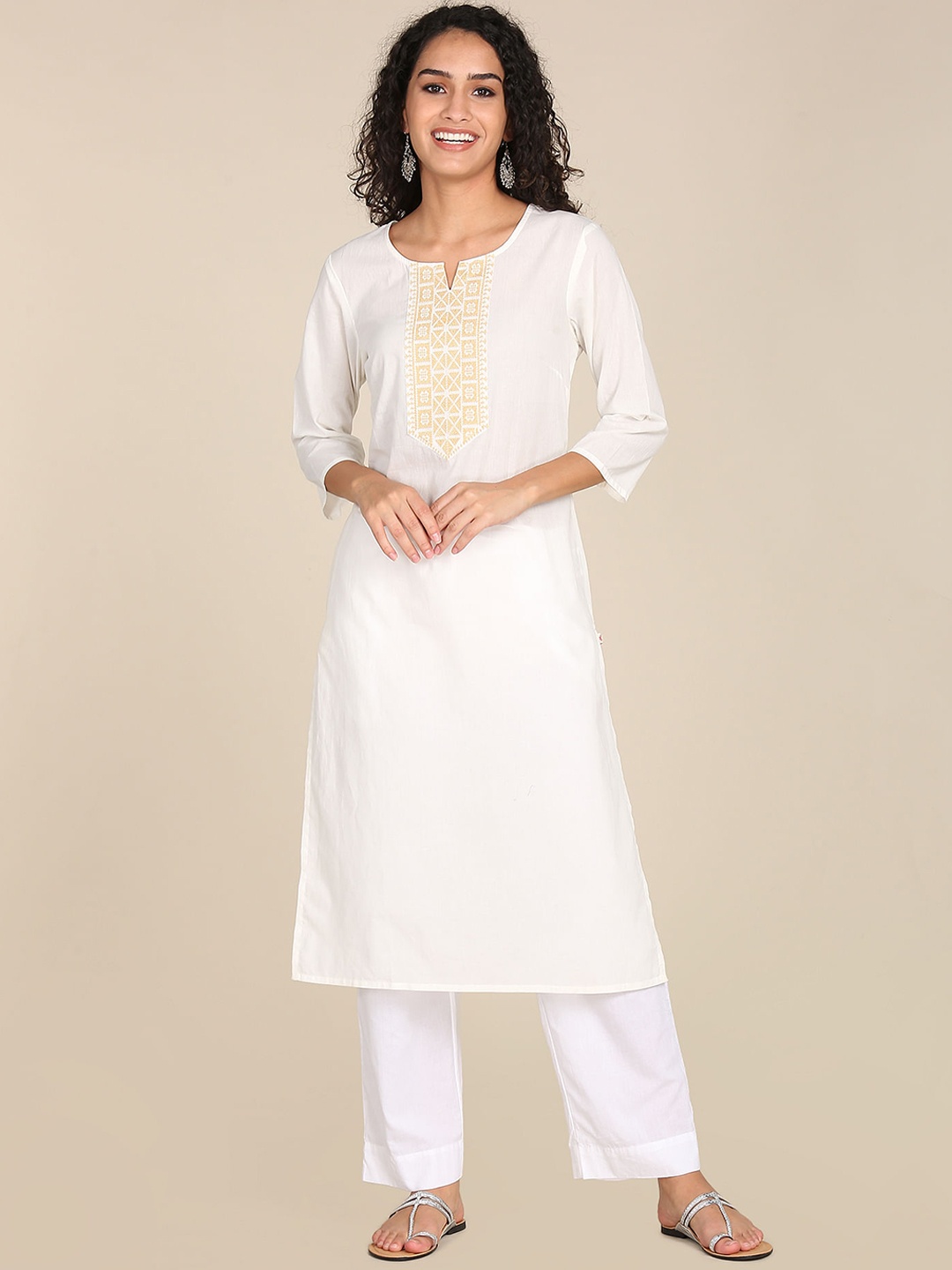 

Karigari Women White Yoke Design Embroidered Straight Kurta
