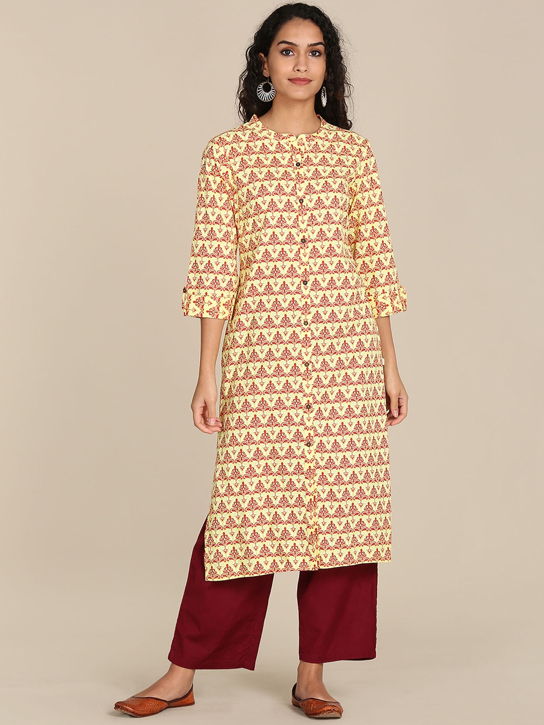 

Karigari Women Yellow & Fuchsia Pink Ethnic Motifs Printed Kurta