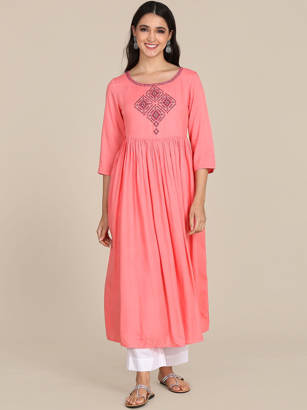 

Karigari Women Pink Ethnic Motifs Embroidered Thread Work Rayon Anarkali Kurta