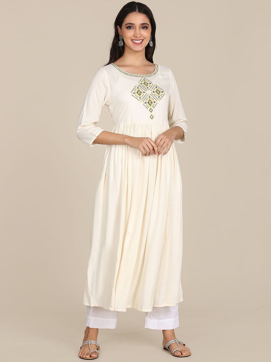 

Karigari Women White Geometric Thread Work Anarkali Kurta