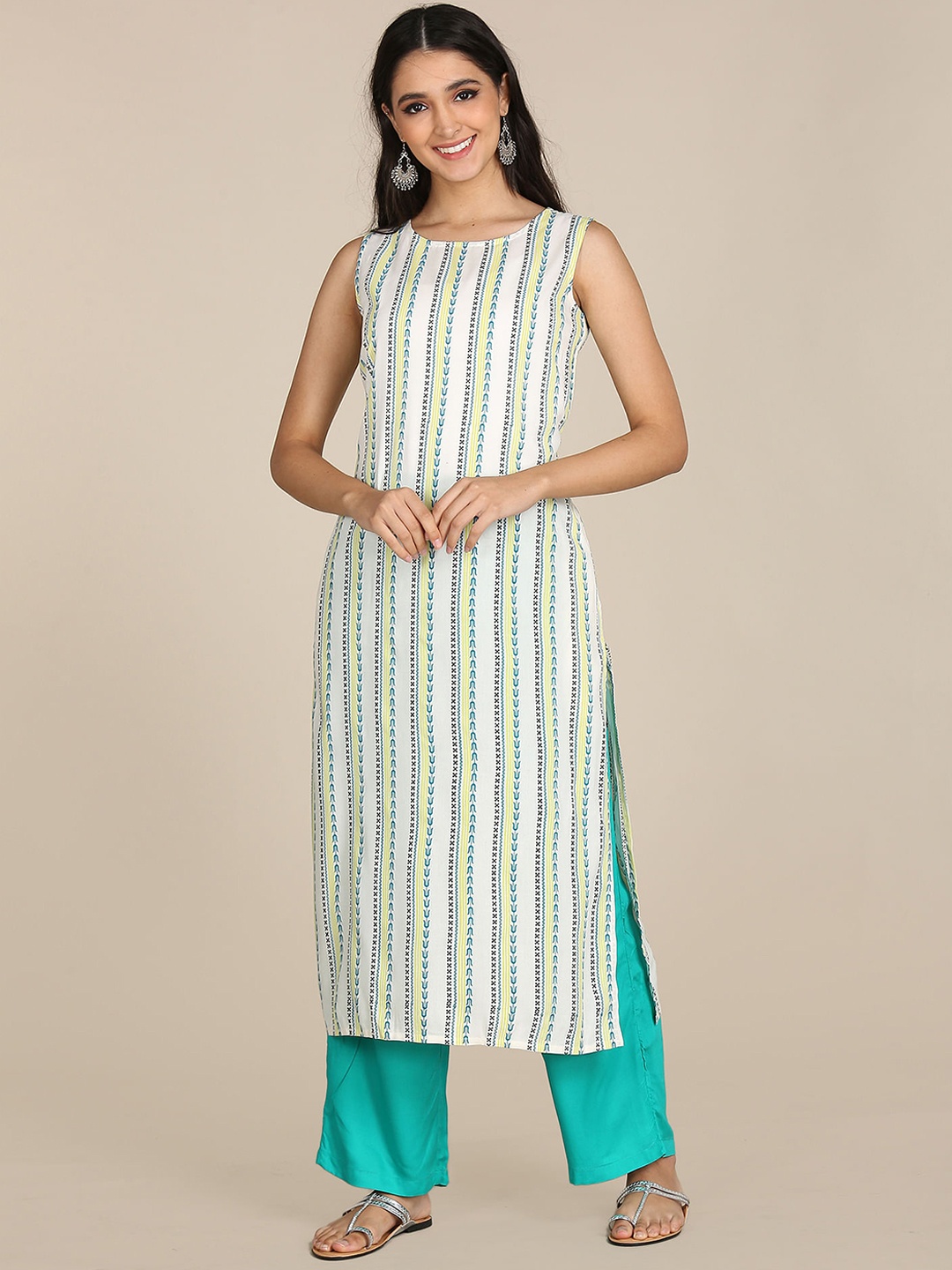 

Karigari Women Off-White & Yellow Striped Straight Kurta
