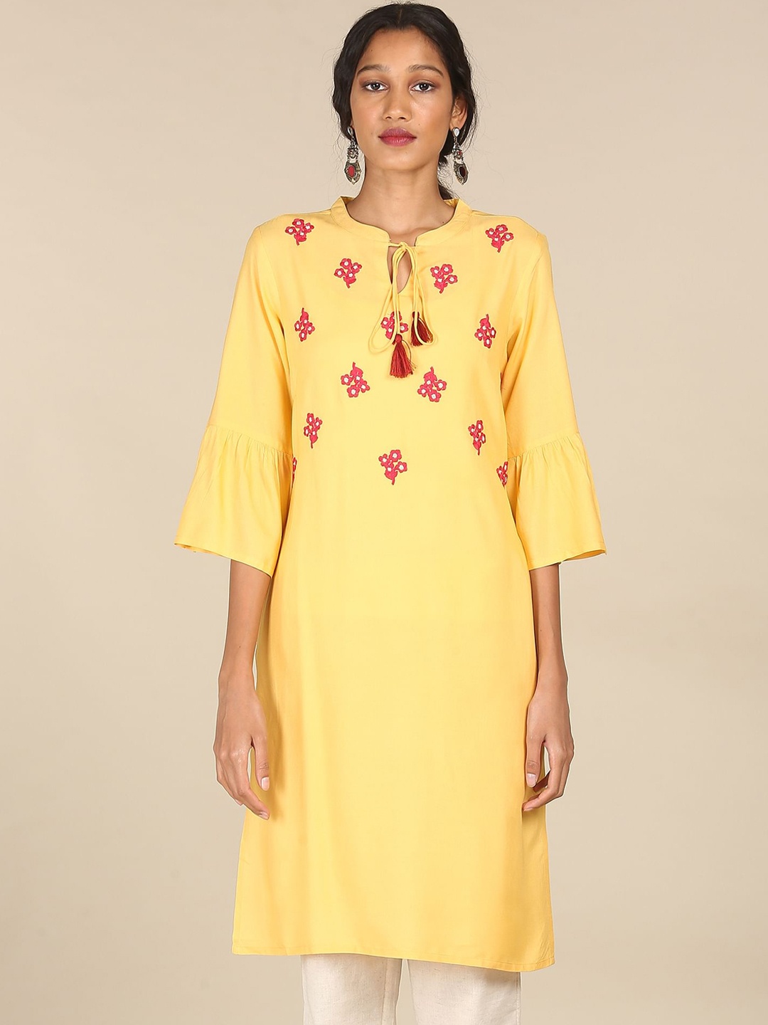 

Karigari Women Yellow & Red Floral Embroidered Keyhole Neck Kurta