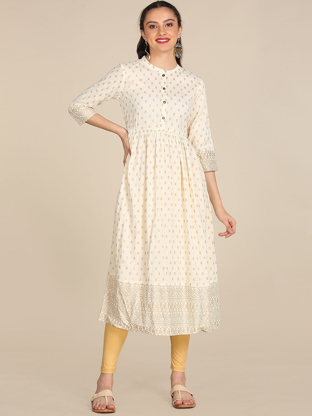 

Karigari Women Off White Ethnic Motifs Printed Anarkali Kurta