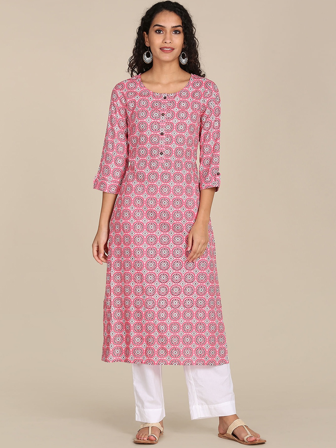 

Karigari Women Pink Geometric Checked Cold-Shoulder Sleeves Kurta