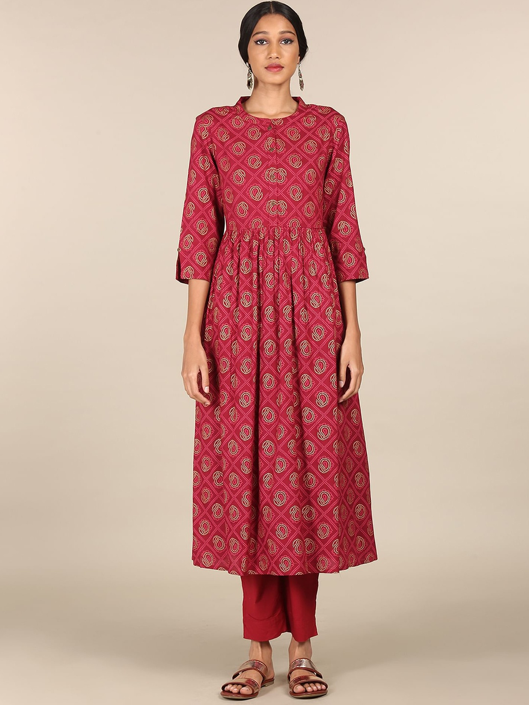 

Karigari Women Maroon Bandhani Printed Anarkali Kurta