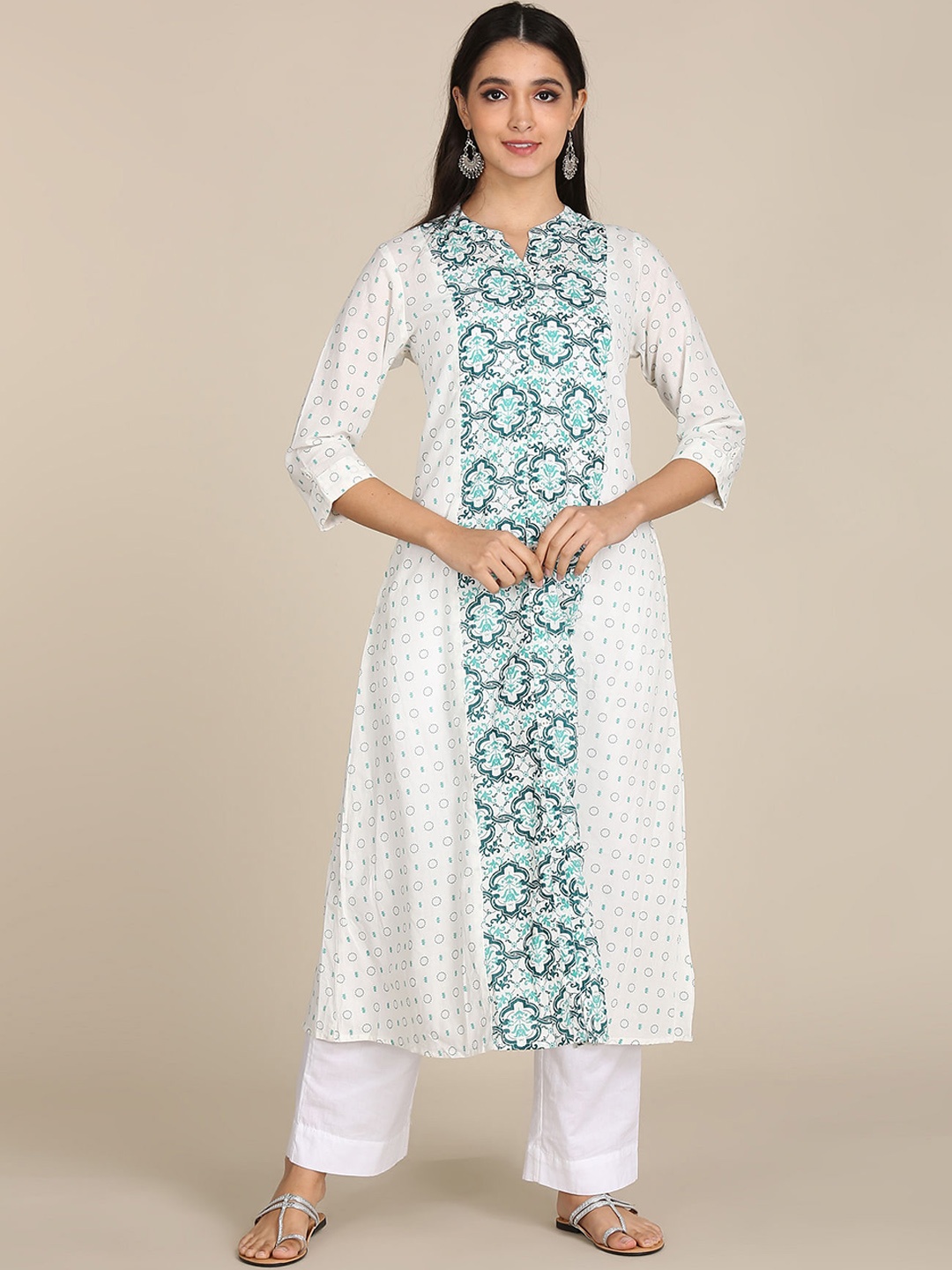 

Karigari Women White & Sea Green Ethnic Motifs Printed A-line Kurta