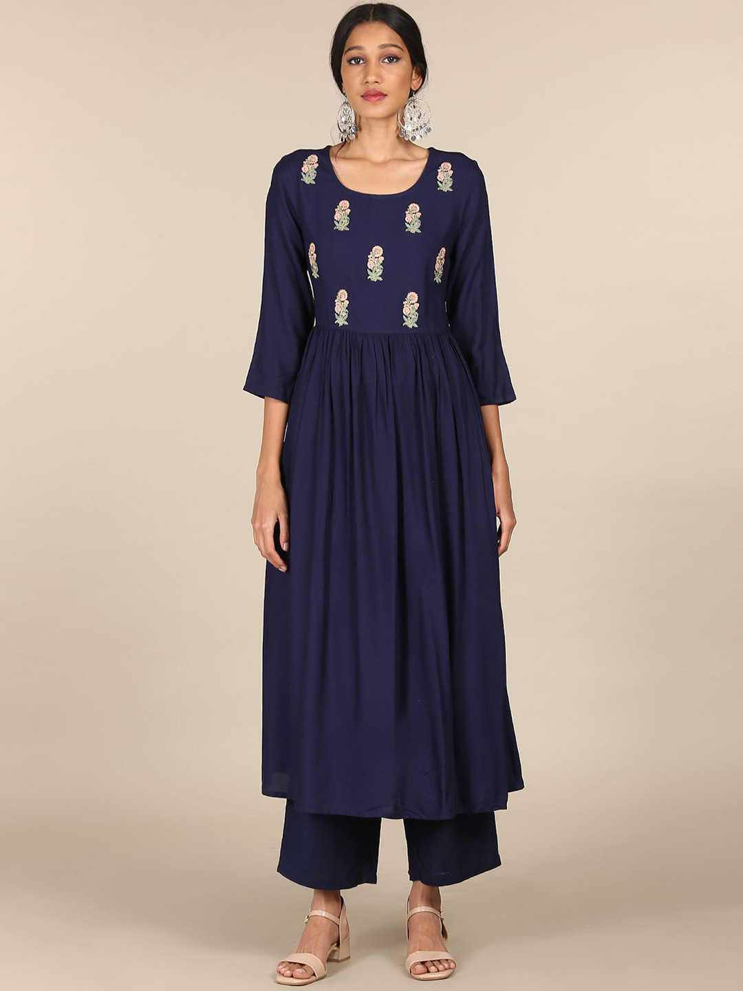 

Karigari Women Navy Blue Floral Yoke Design Anarkali Kurta