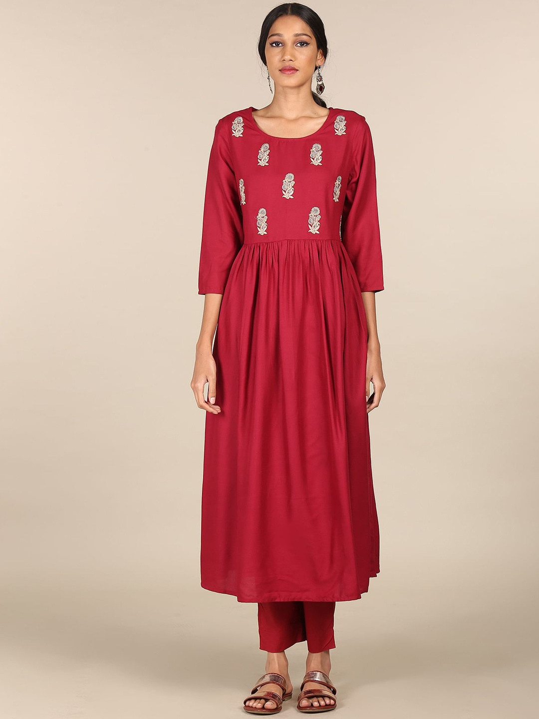 

Karigari Women Red Embroidered Pleated Kurta
