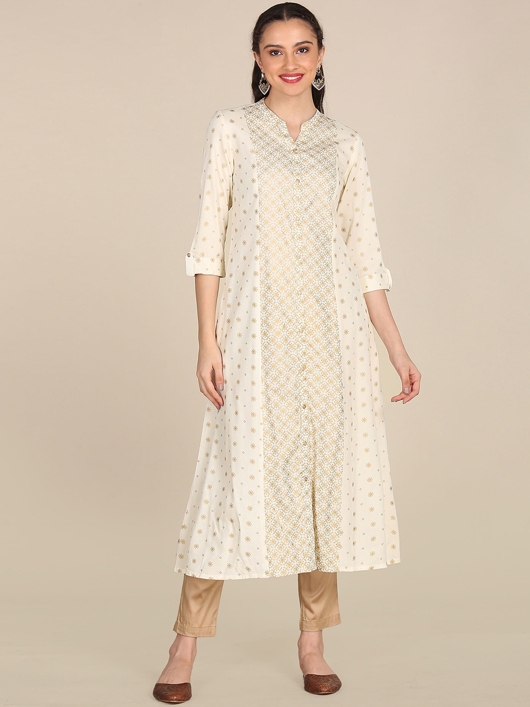

Karigari Women White Ethnic Motifs Thread Work A-Line Kurta