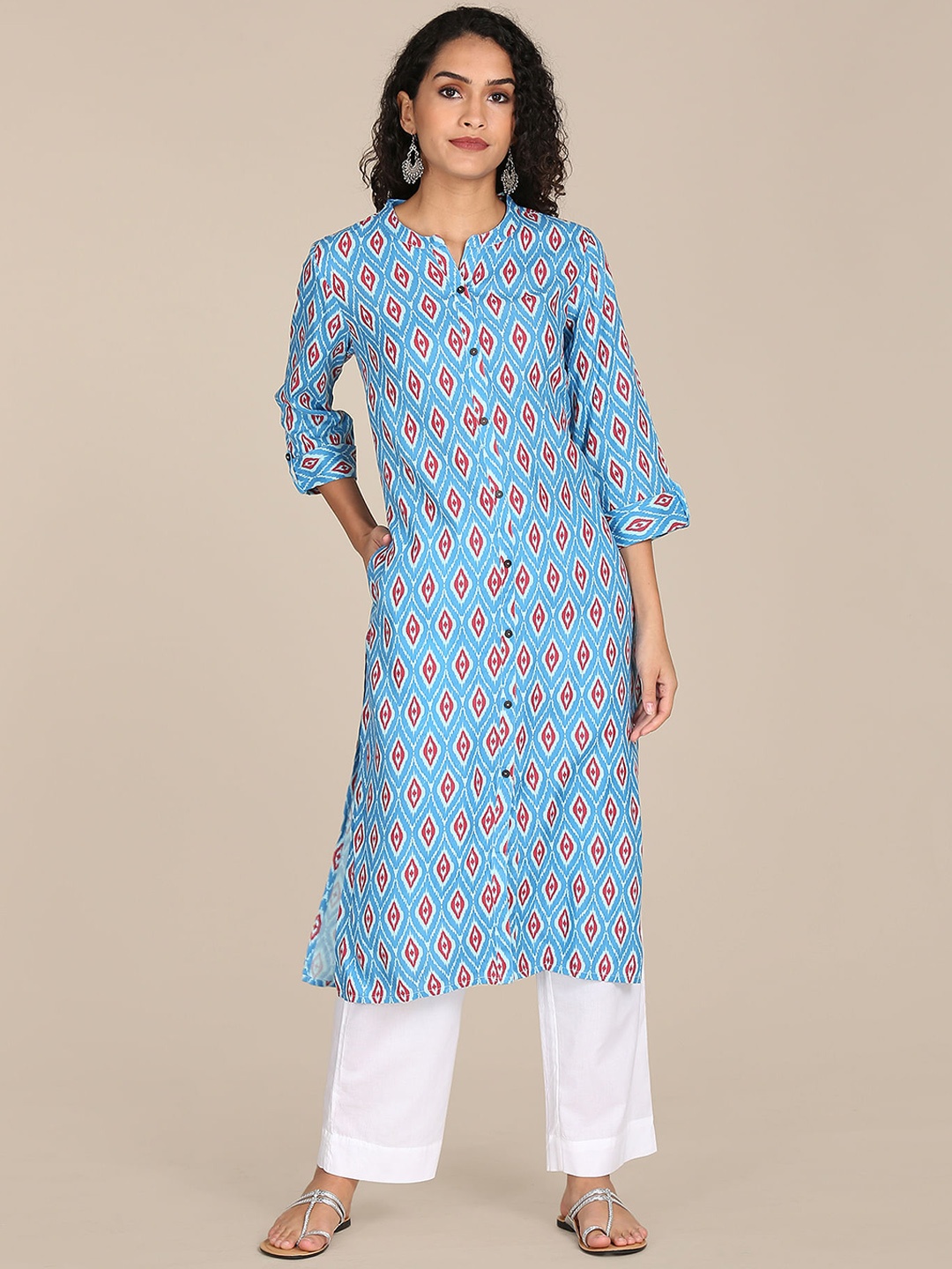 

Karigari Women Blue & Red Ethnic Motifs Printed Kurta