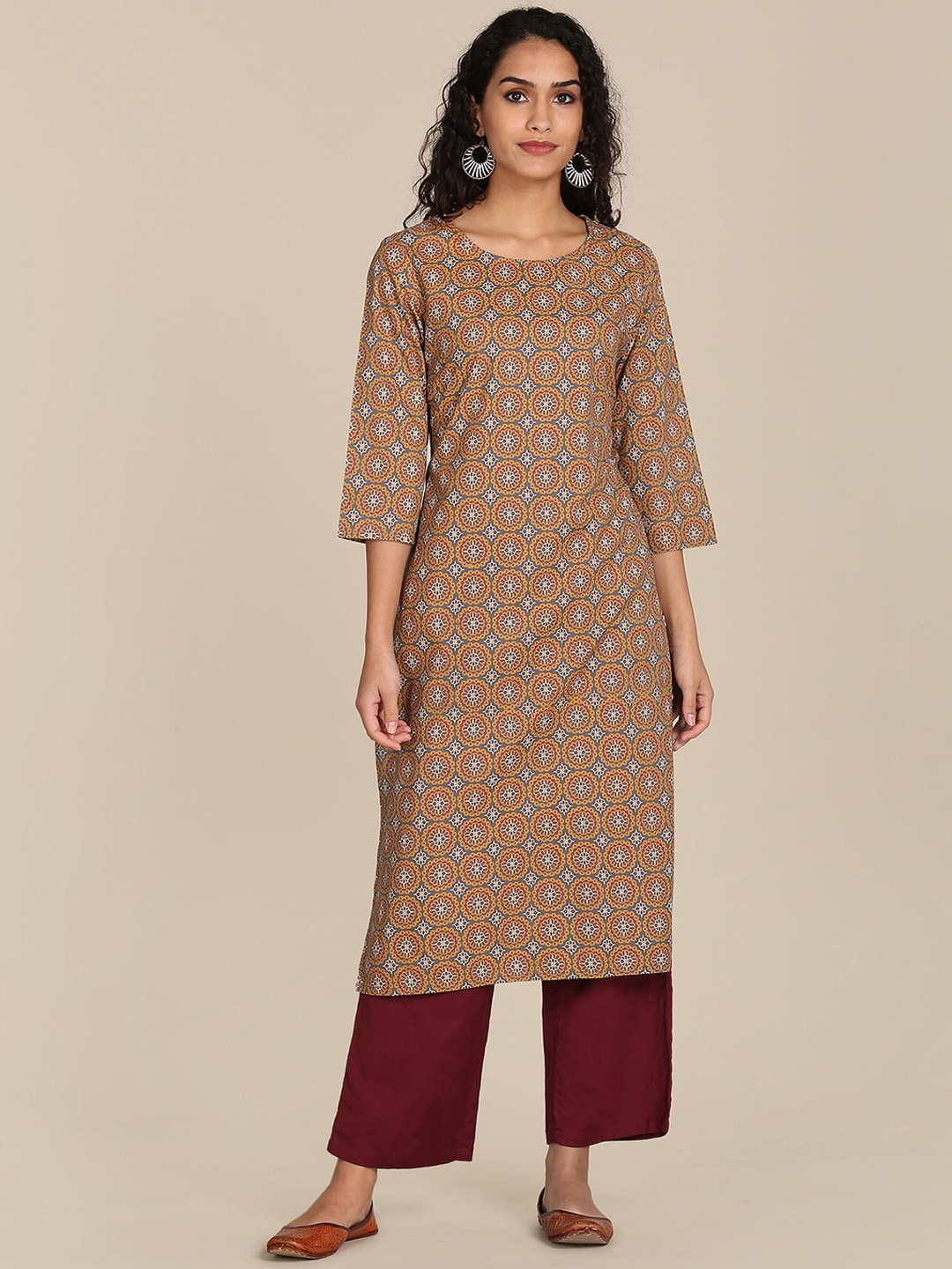 

Karigari Women Grey & Mustard Yellow Ethnic Motifs Printed Kurta