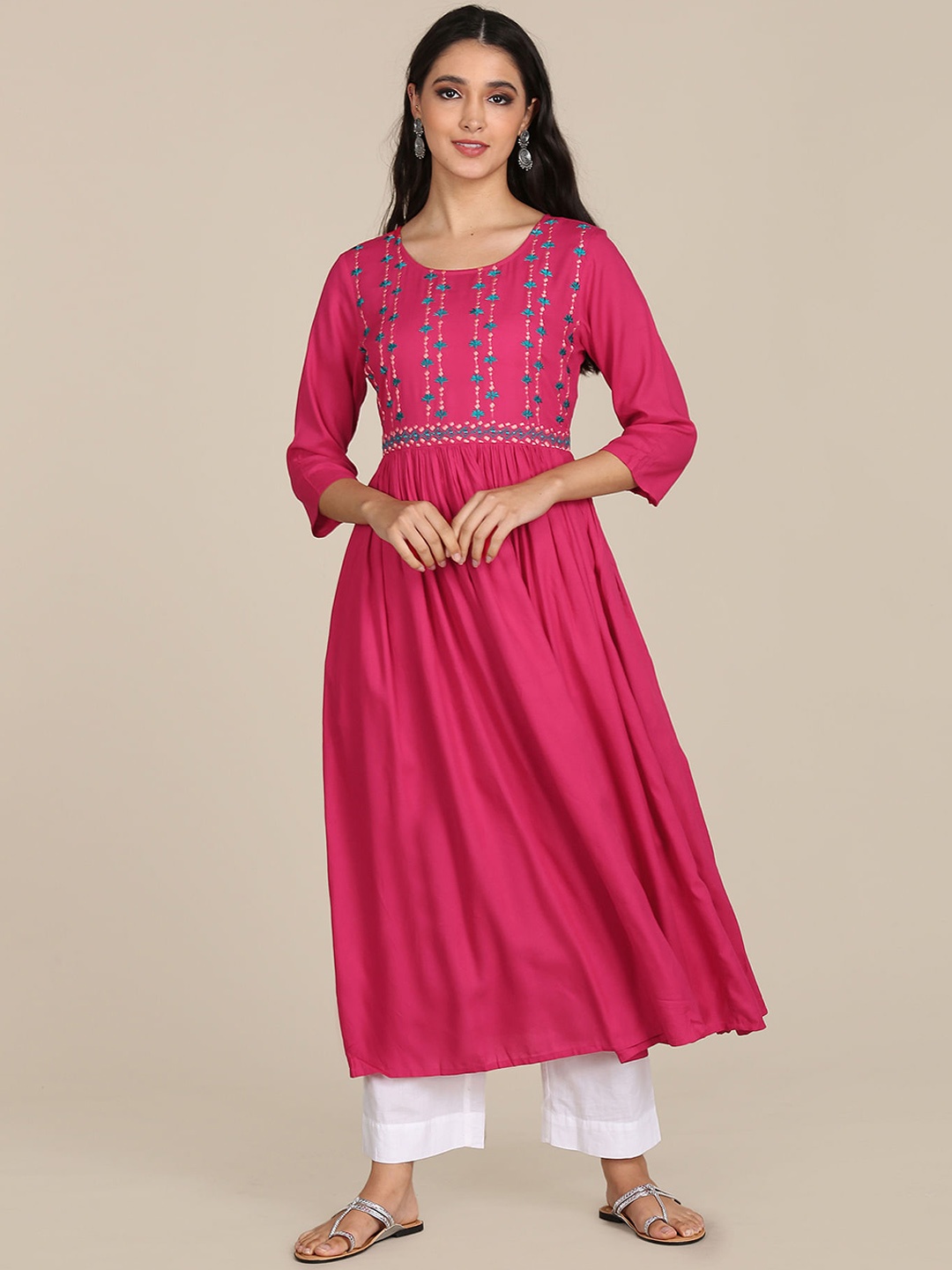 

Karigari Women Pink & Blue Floral Embroidered Anarkali Kurta