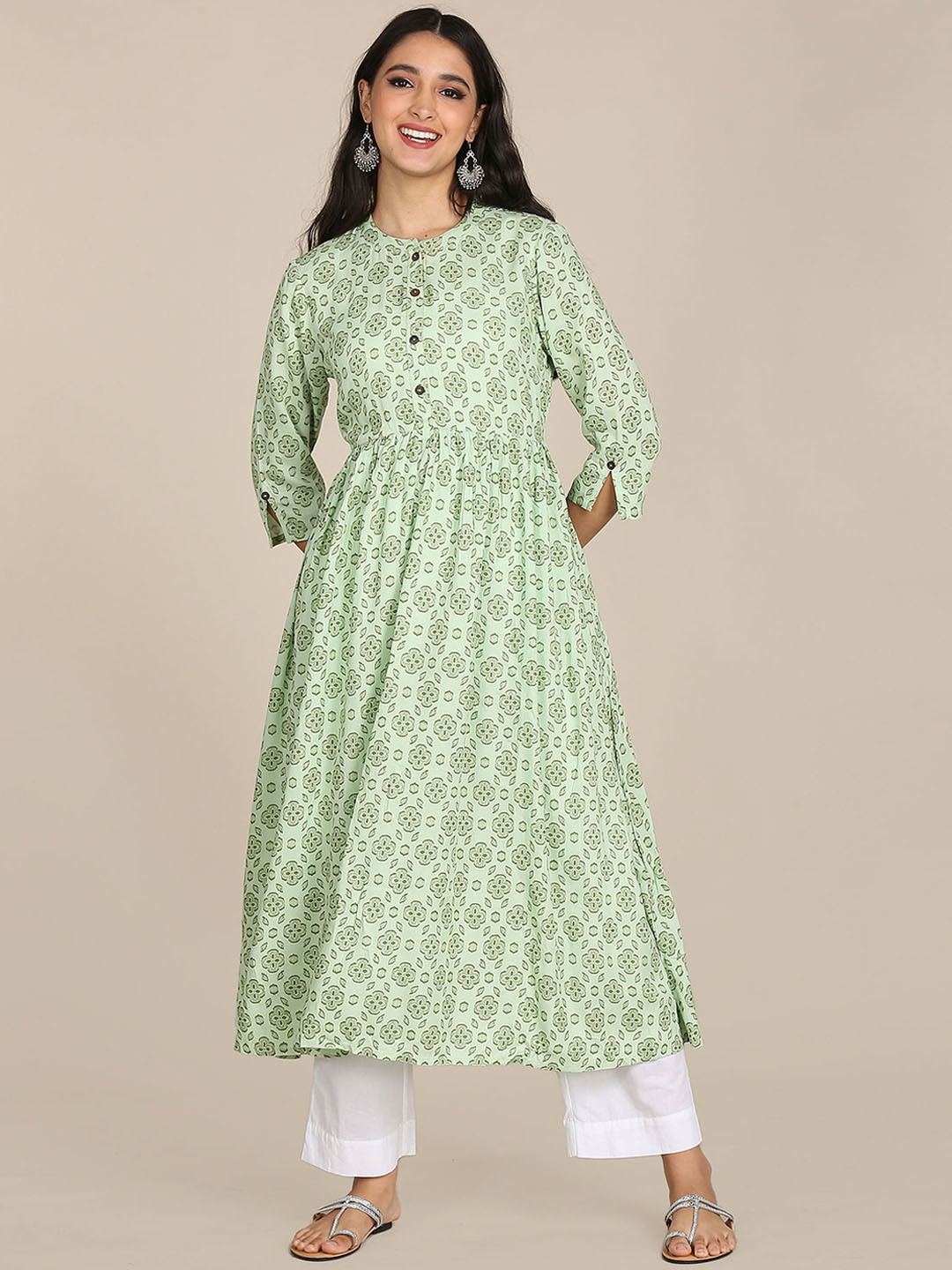 

Karigari Women Green Ethnic Motifs Printed Anarkali Kurta