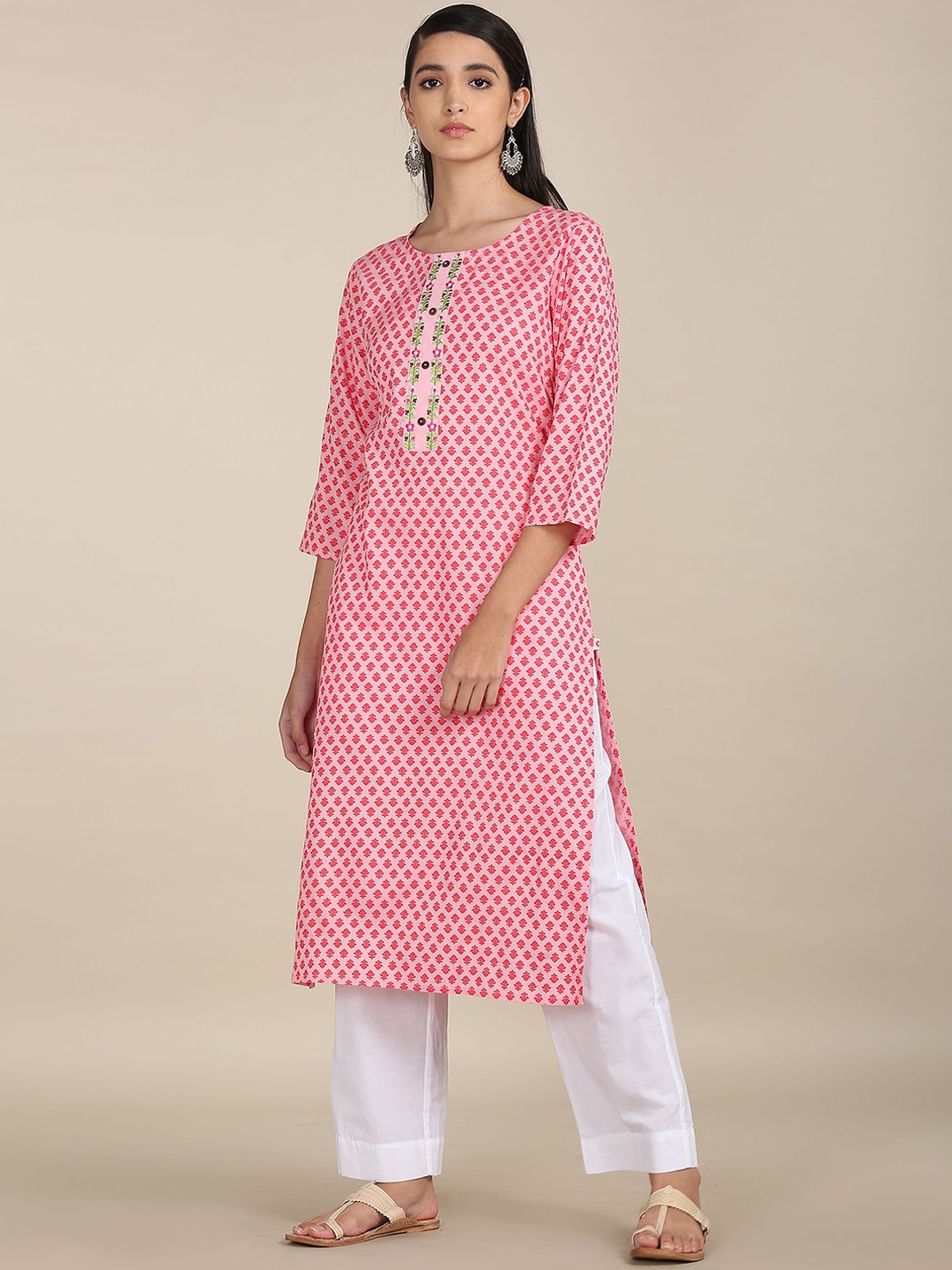 

Karigari Pink Ethnic Motifs Embroidered Neck & Printed Pure Cotton Kurta