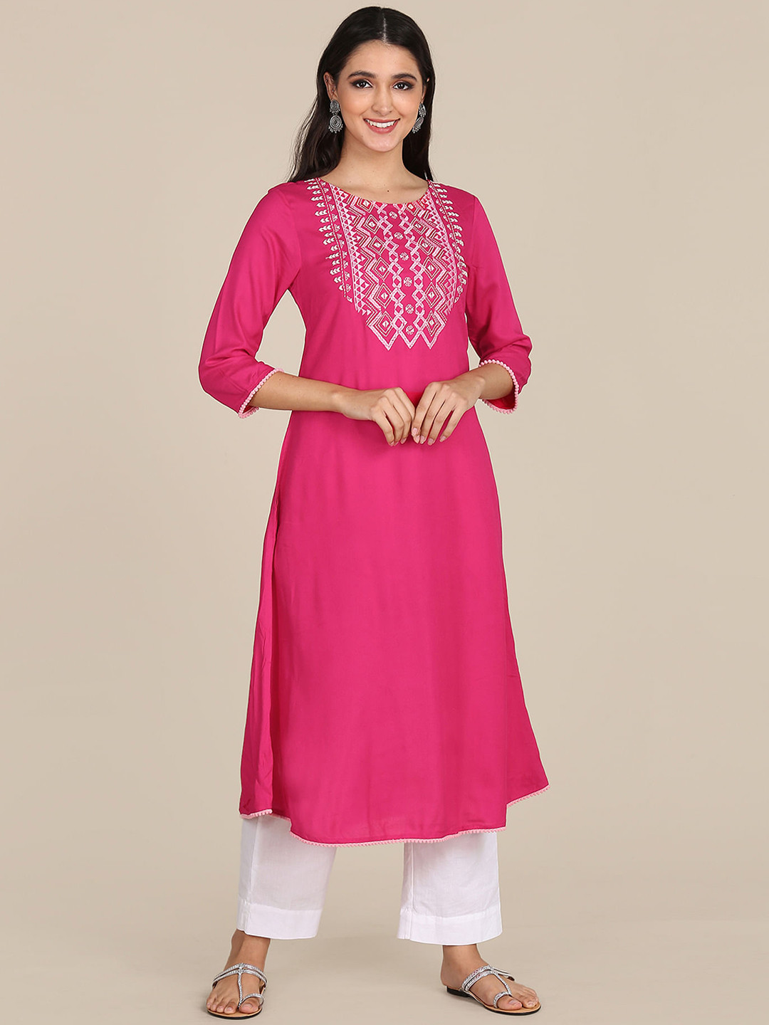 

Karigari Women Pink Ethnic Motifs Yoke Design Thread Work Kurta