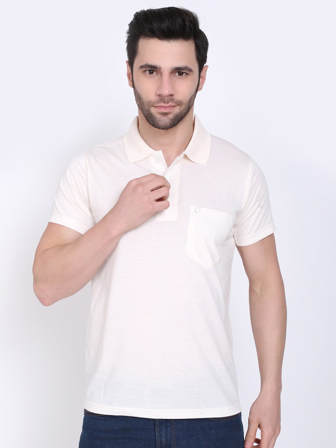 

Camey Men White Solid Polo Collar Pockets T-shirt