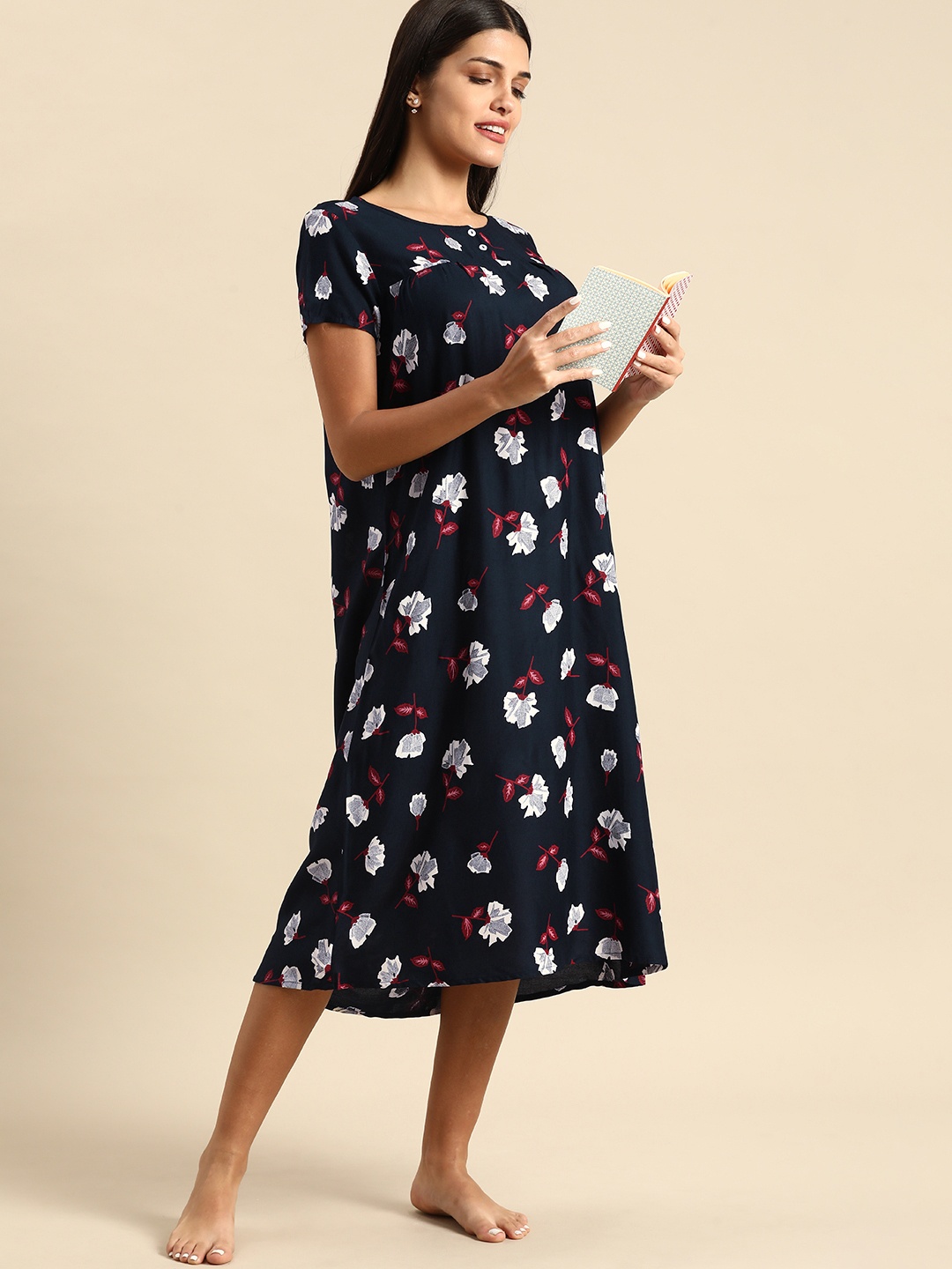 

Dreamz by Pantaloons Women Navy Blue Floral Printed Pure Cotton Nightdress