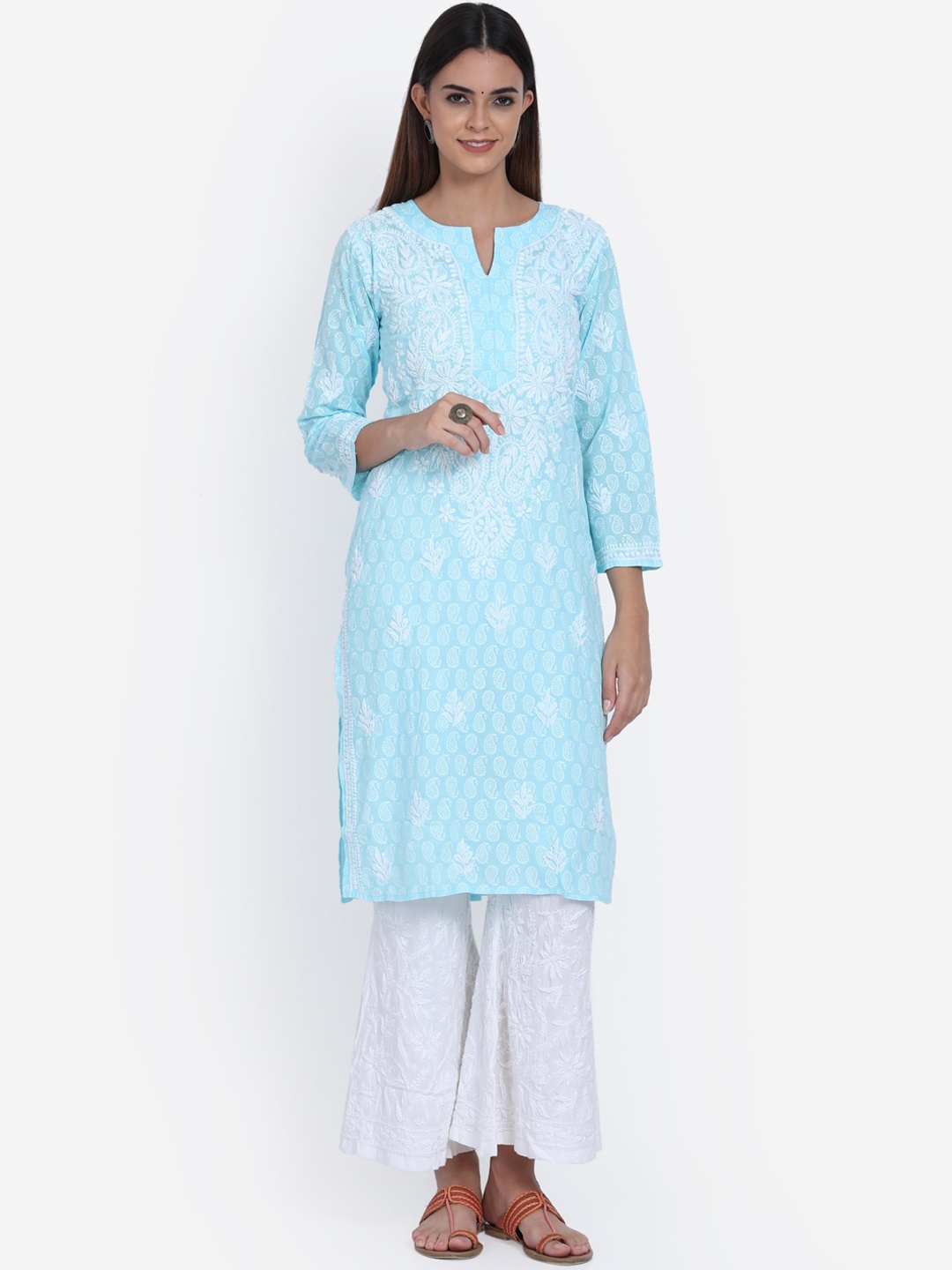 

PARAMOUNT CHIKAN Turquoise Blue Cotton Embroidered Chikankari Straight Kurta