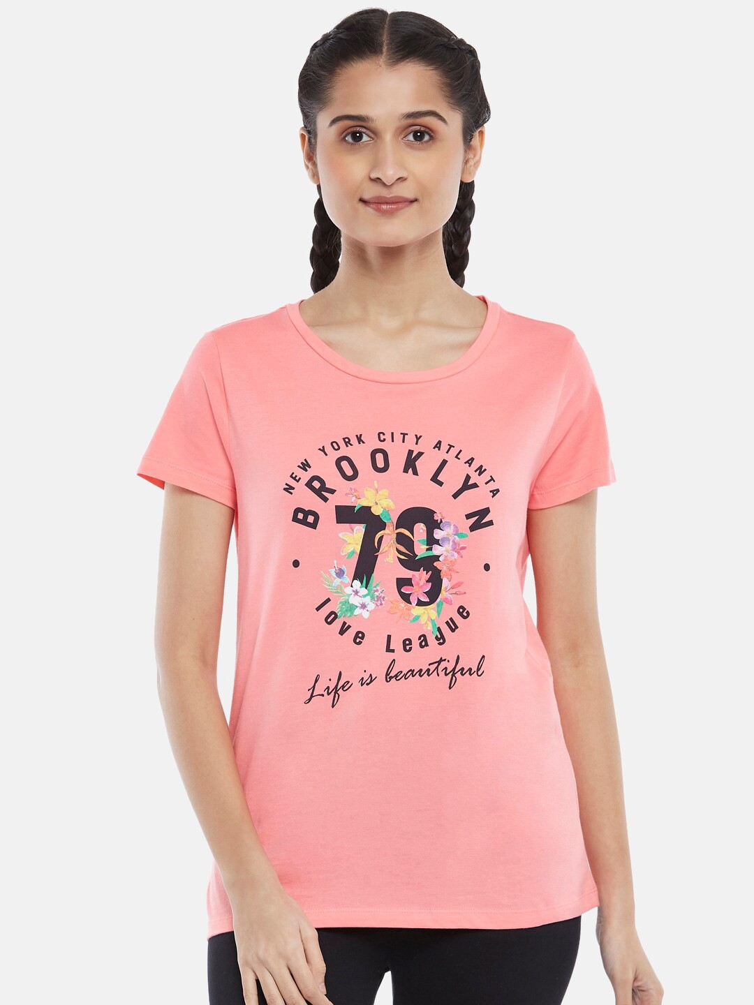 

Ajile by Pantaloons Women Coral & Black Typography Printed Pure Cotton T-shirt