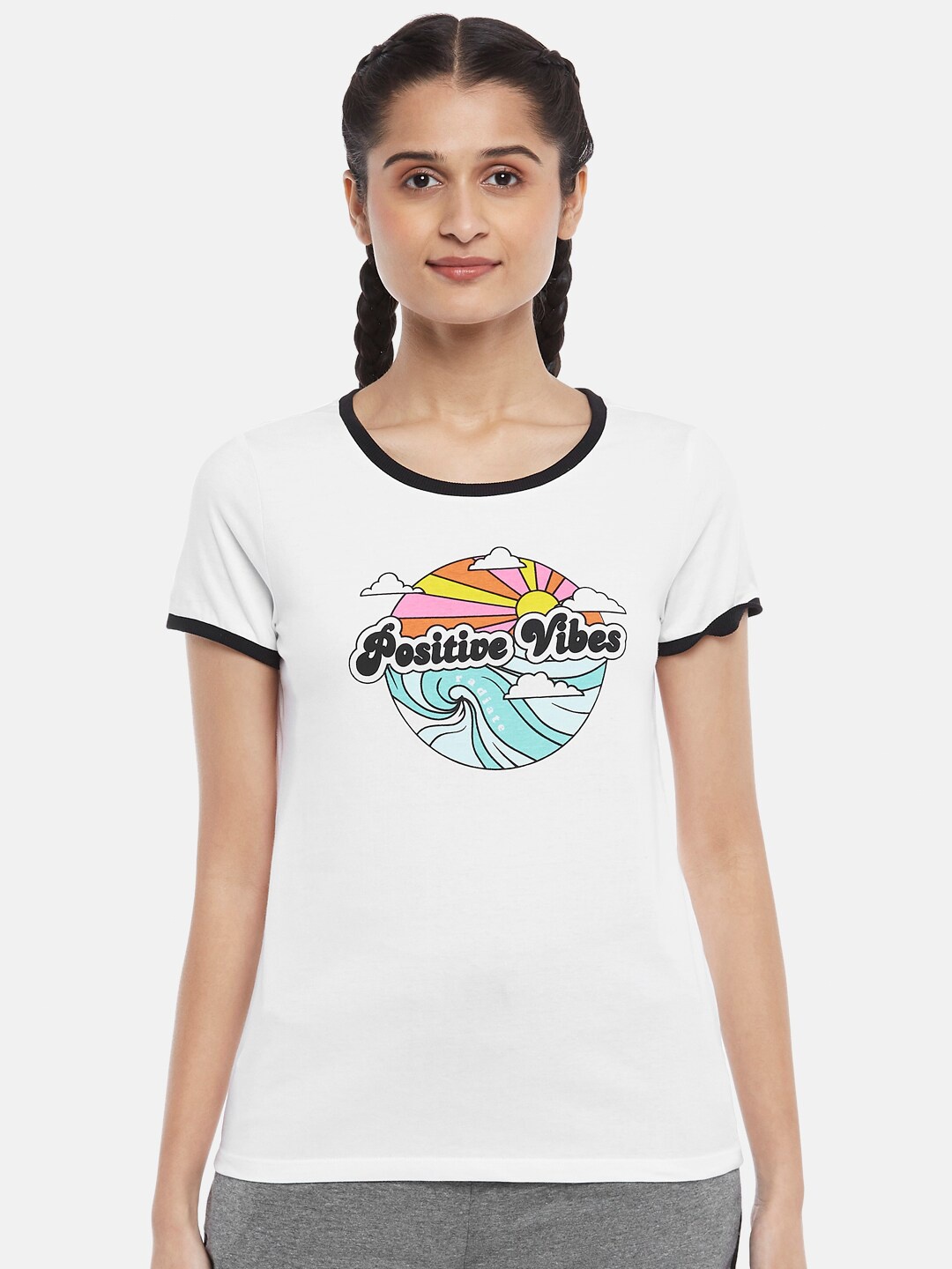 

Ajile by Pantaloons Women White & Black Printed Pure Cotton T-shirt