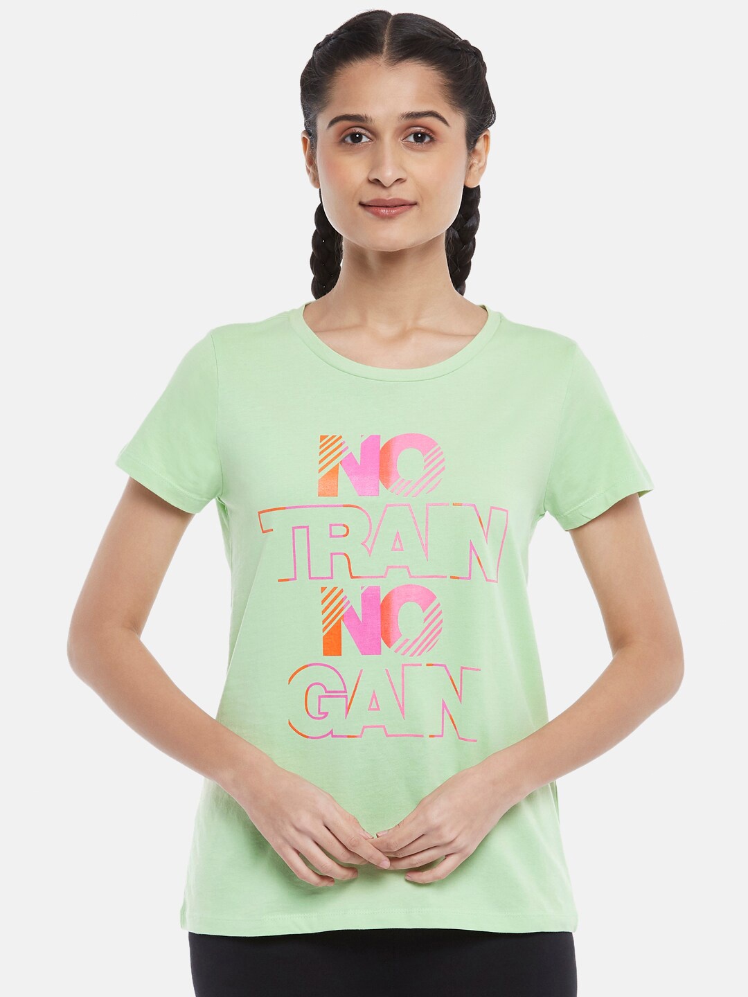 

Ajile by Pantaloons Women Green & Pink Printed Pure Cotton T-shirt