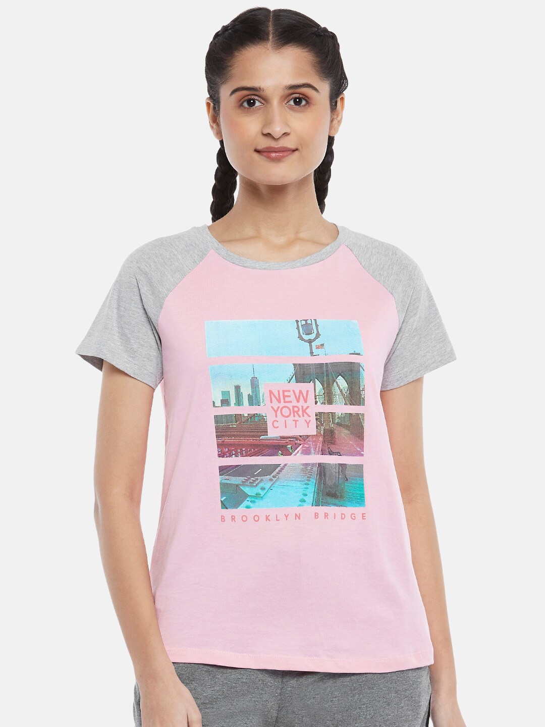 

Ajile by Pantaloons Women Pink & Grey Printed Pure Cotton T-shirt