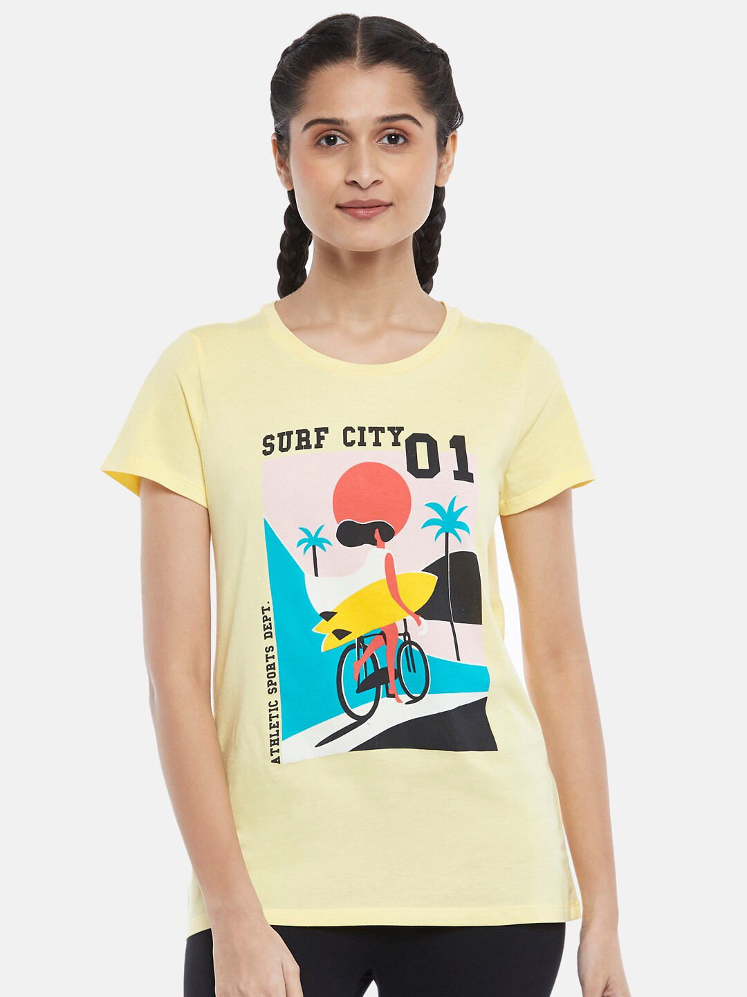 

Ajile by Pantaloons Women Mustard Yellow Printed Pure Cotton Applique T-shirt