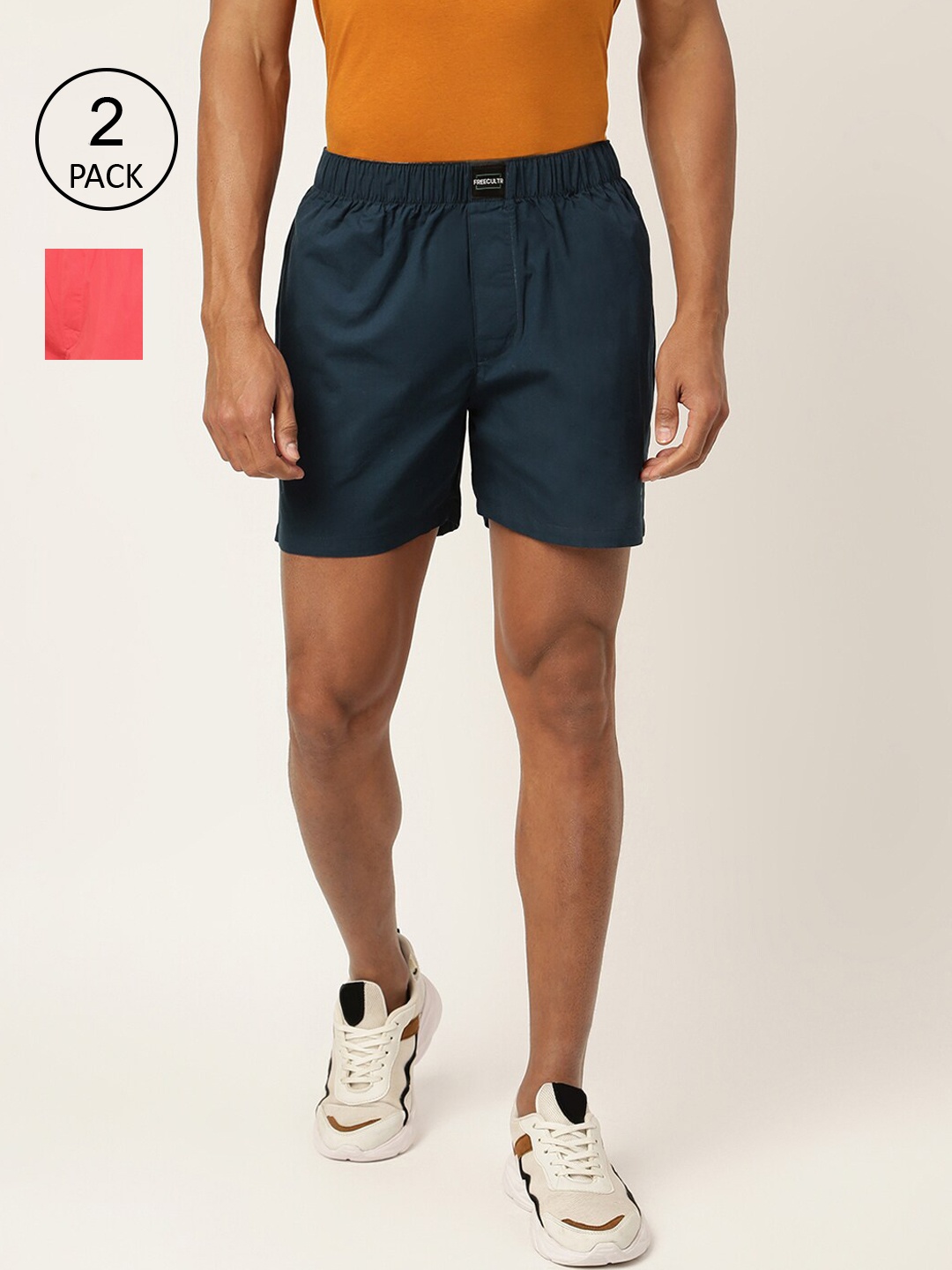 

FREECULTR Men Blue & Peach Pack Of 2 Solid Cotton Boxers