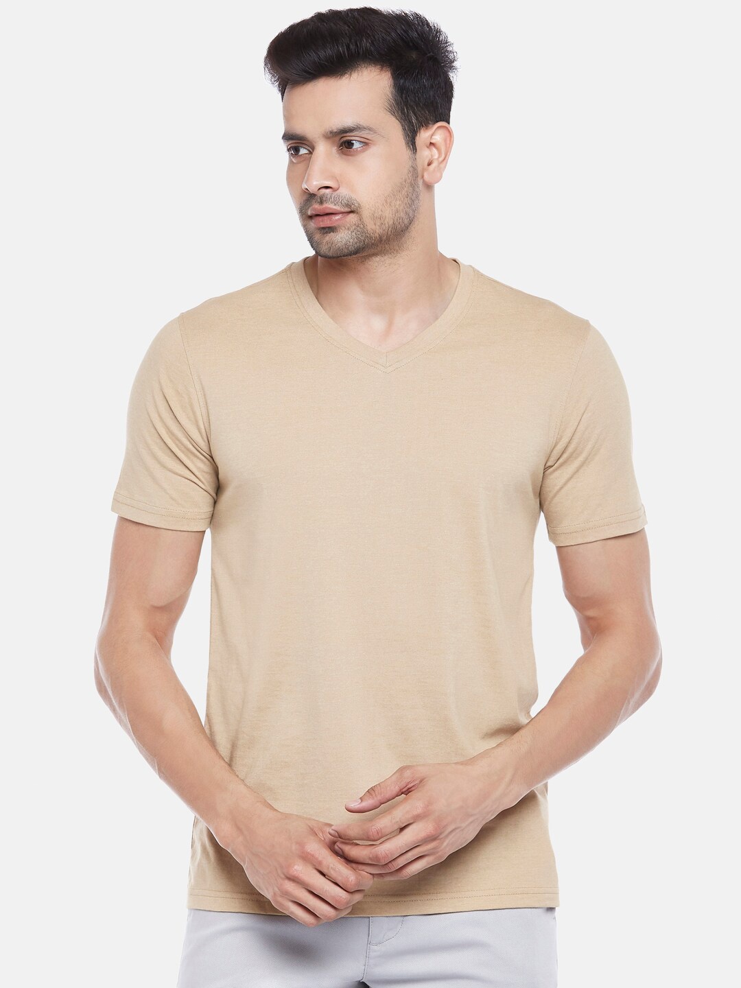 

BYFORD by Pantaloons Men Khaki Pure Cotton T-shirt